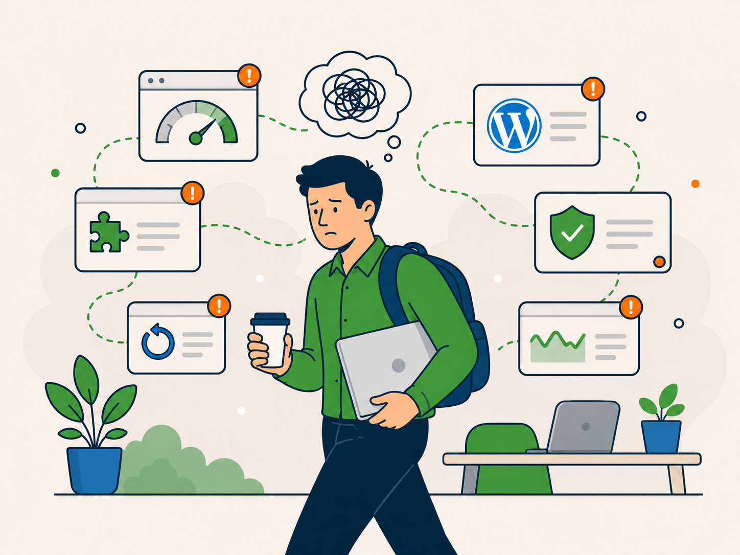 Business owner carrying a laptop while small WordPress issues and performance concerns add to his everyday mental load.