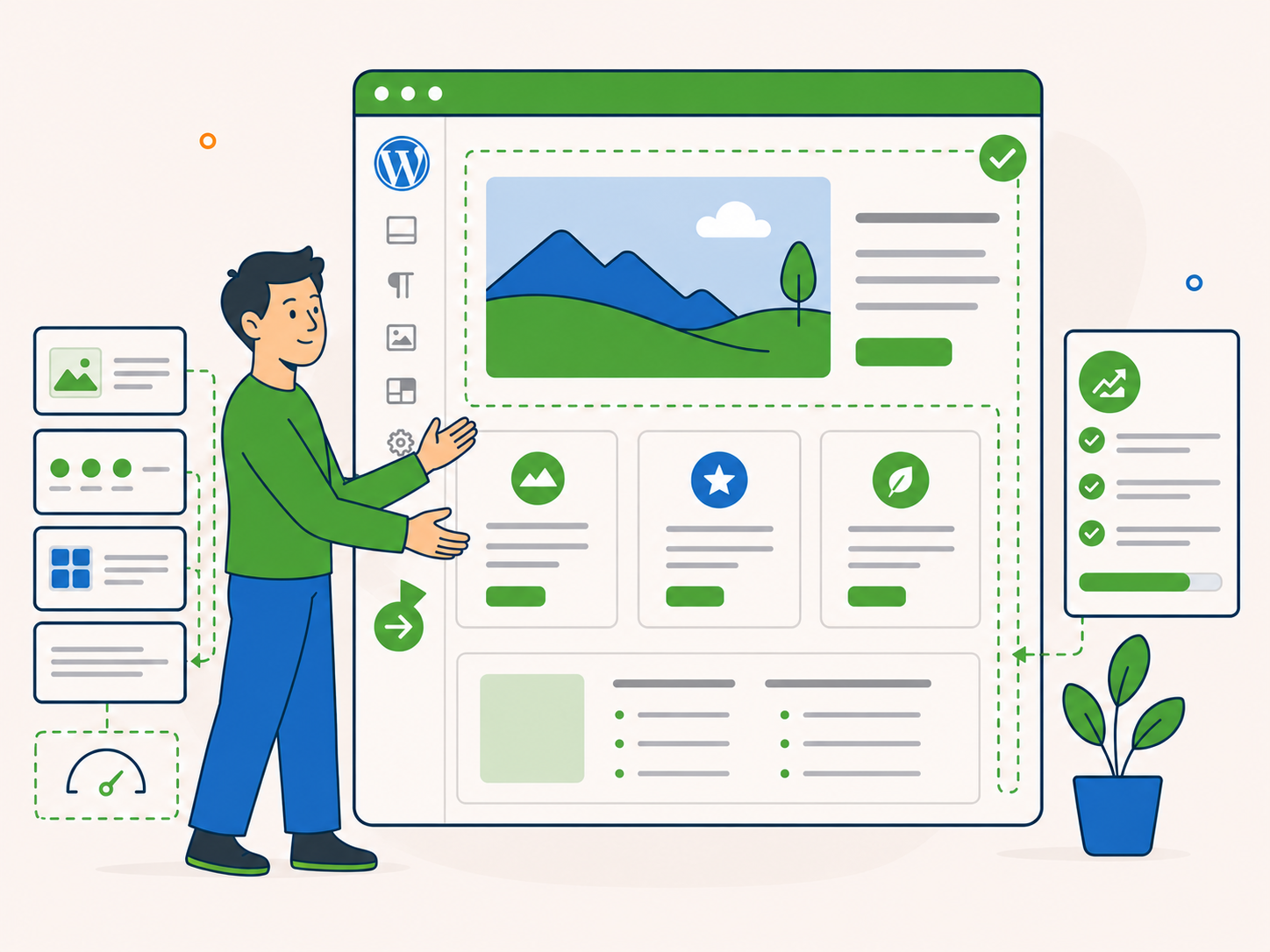 Illustration of a website editor showing an existing WordPress page being improved with updated sections, cleaner layout blocks, progress checks, and forward-moving UI arrows.