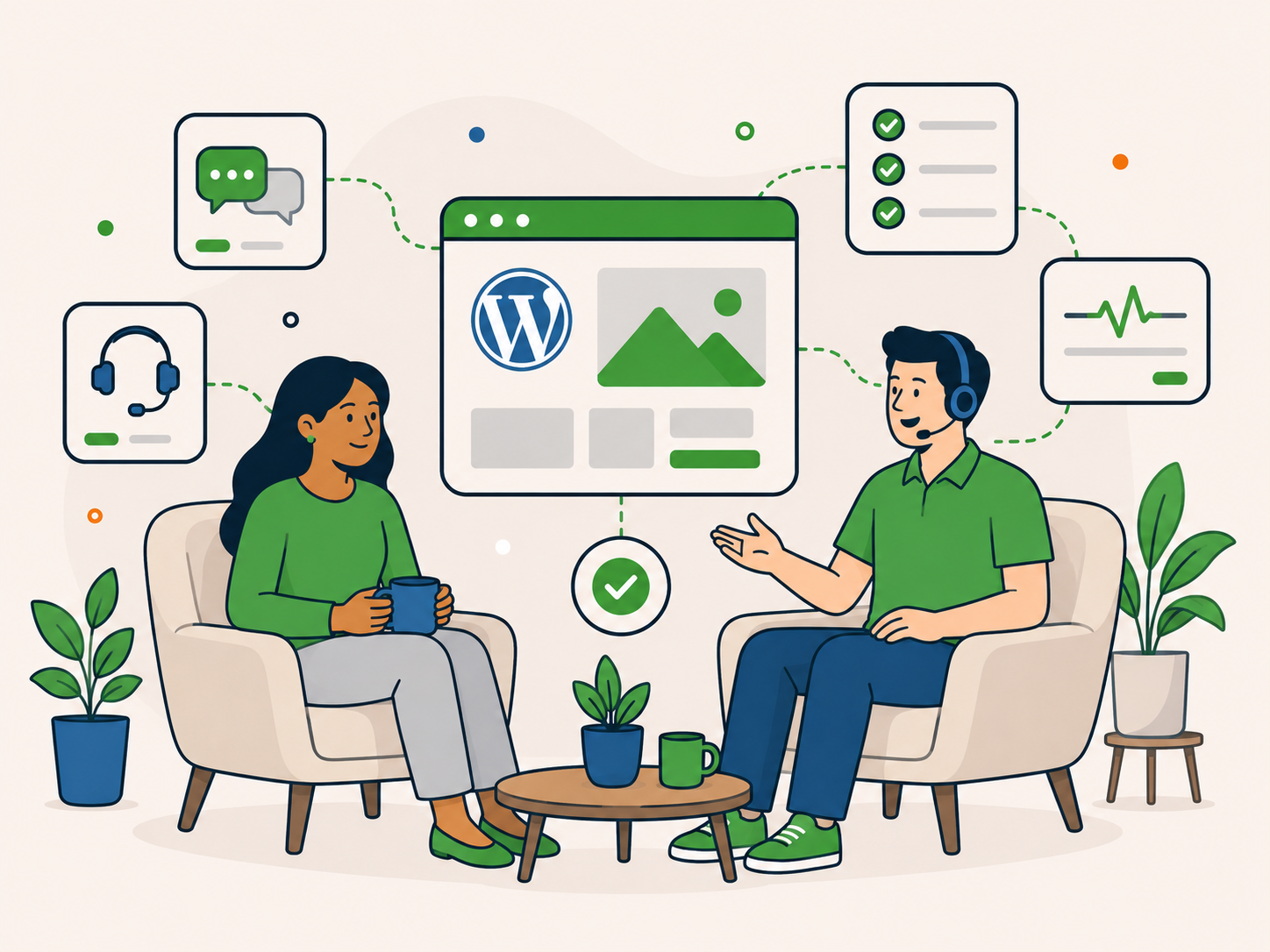 Client and support specialist discussing a WordPress website with clear updates, dependable support, and a calm working experience.