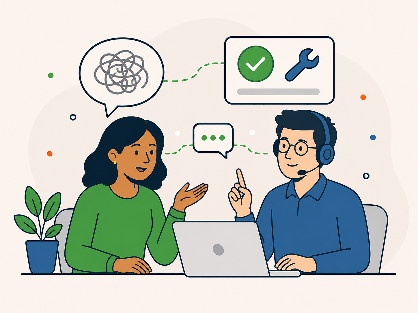 Customer explaining a website problem in plain English to a WordPress support specialist