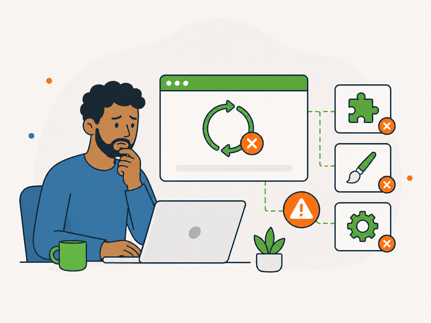 Illustration of a worried website owner facing a failed WordPress update with update arrows, plugin, theme, and settings error icons.