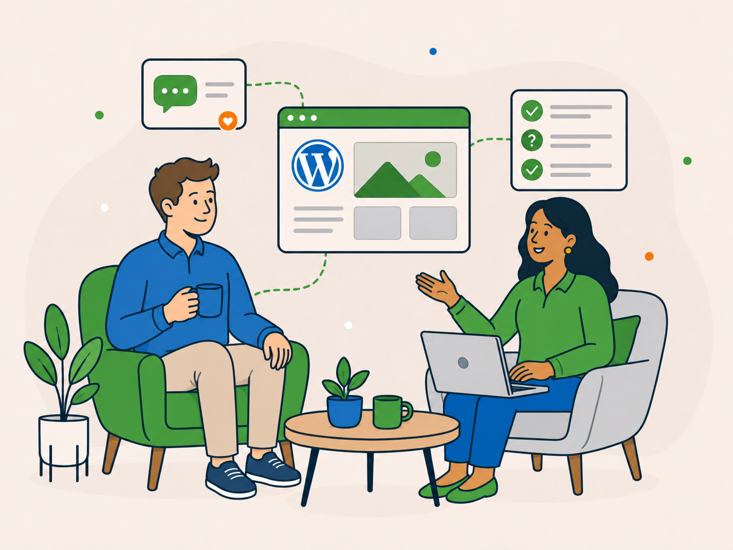 Illustration of a calm website support conversation, showing a business owner and a Newt Labs adviser seated in armchairs with a laptop between them, alongside simple WordPress, chat, and FAQ-style support panels that suggest clarity and an easy first discussion.