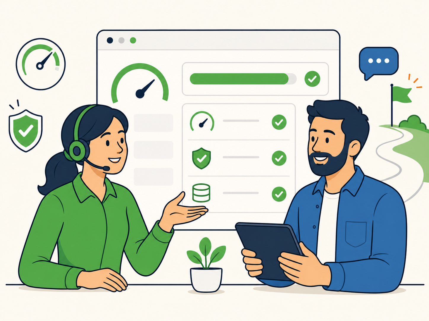 Support specialist guiding a website owner through a faster WordPress site with performance, security, and next-step icons.