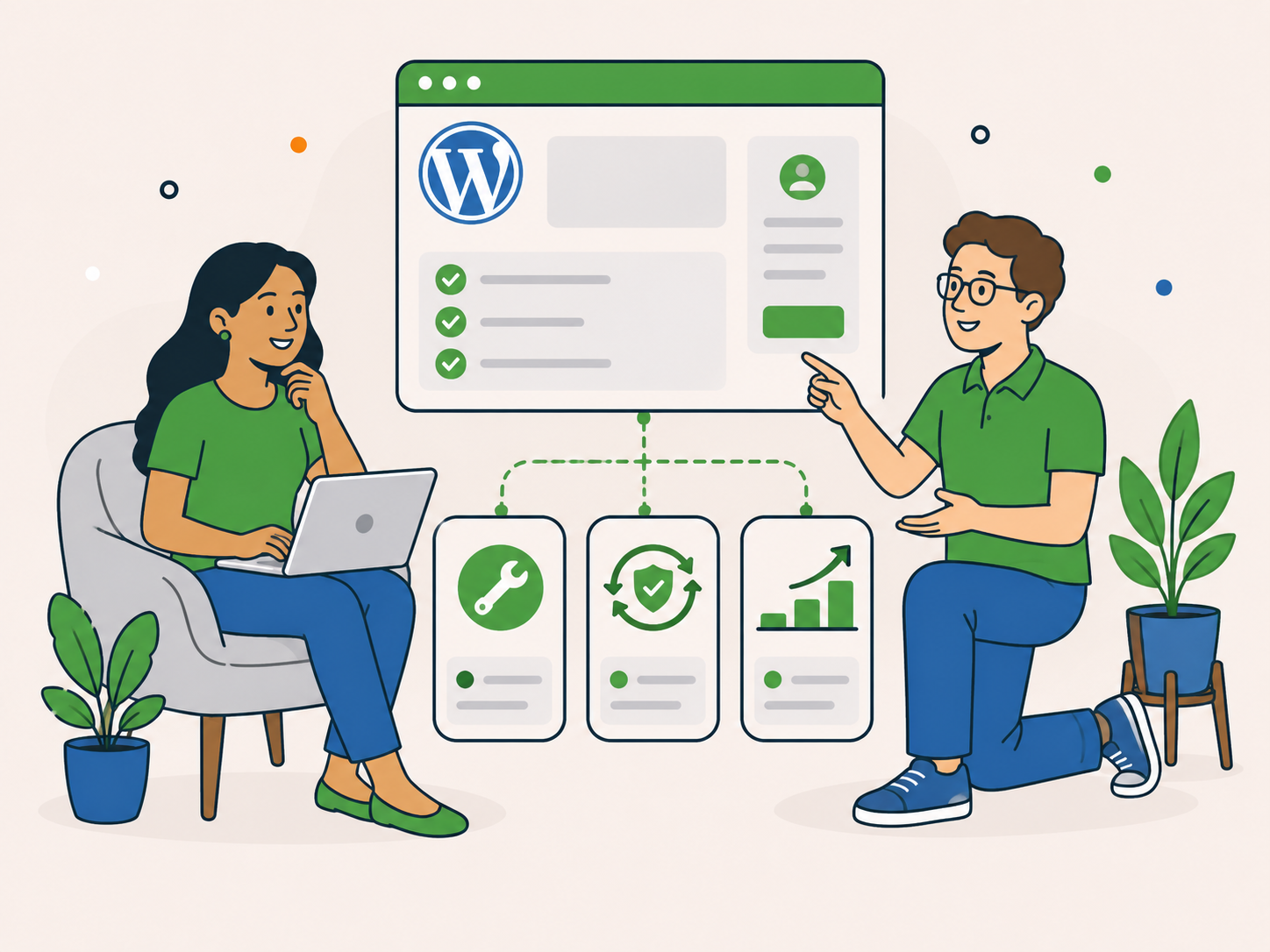 Newt Labs adviser explaining options for one-off WordPress help, ongoing care and long-term support.