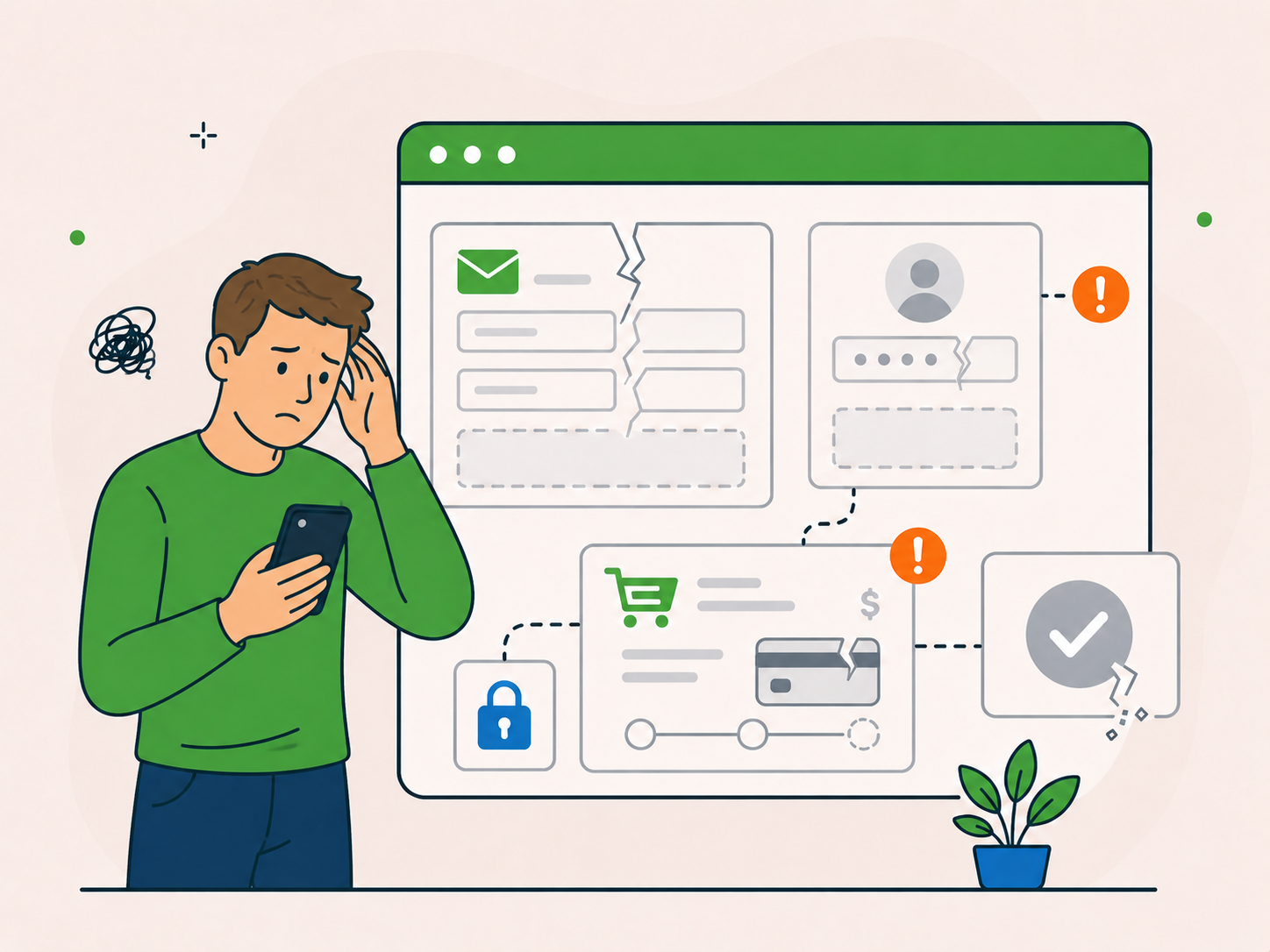 Illustration of a concerned website owner holding a phone while looking at broken form, login, and checkout panels with warning icons and interrupted action steps.