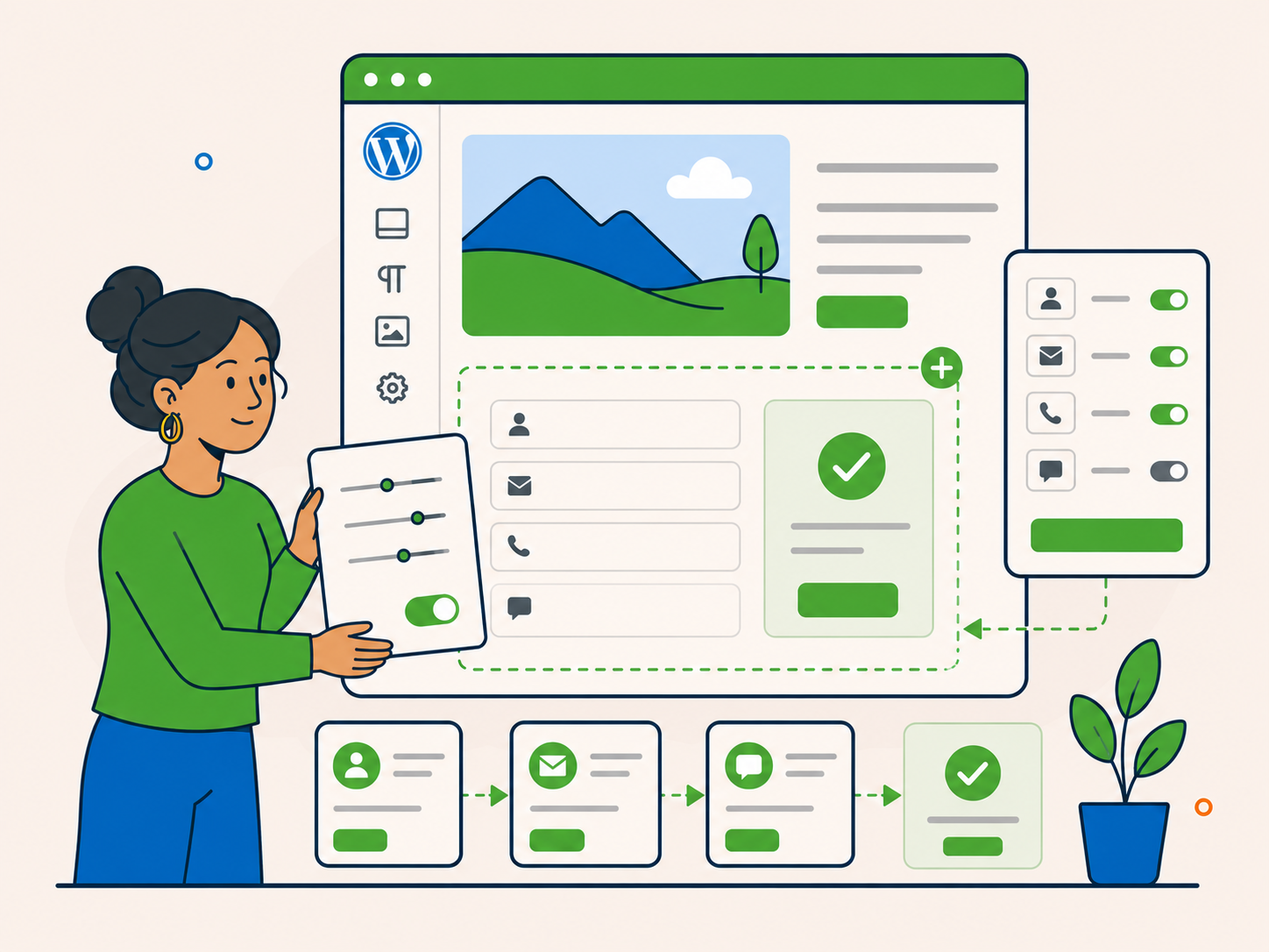 Illustration of a person improving forms and feature settings in a WordPress-style editor, updating fields, user journey steps, and practical site functionality.