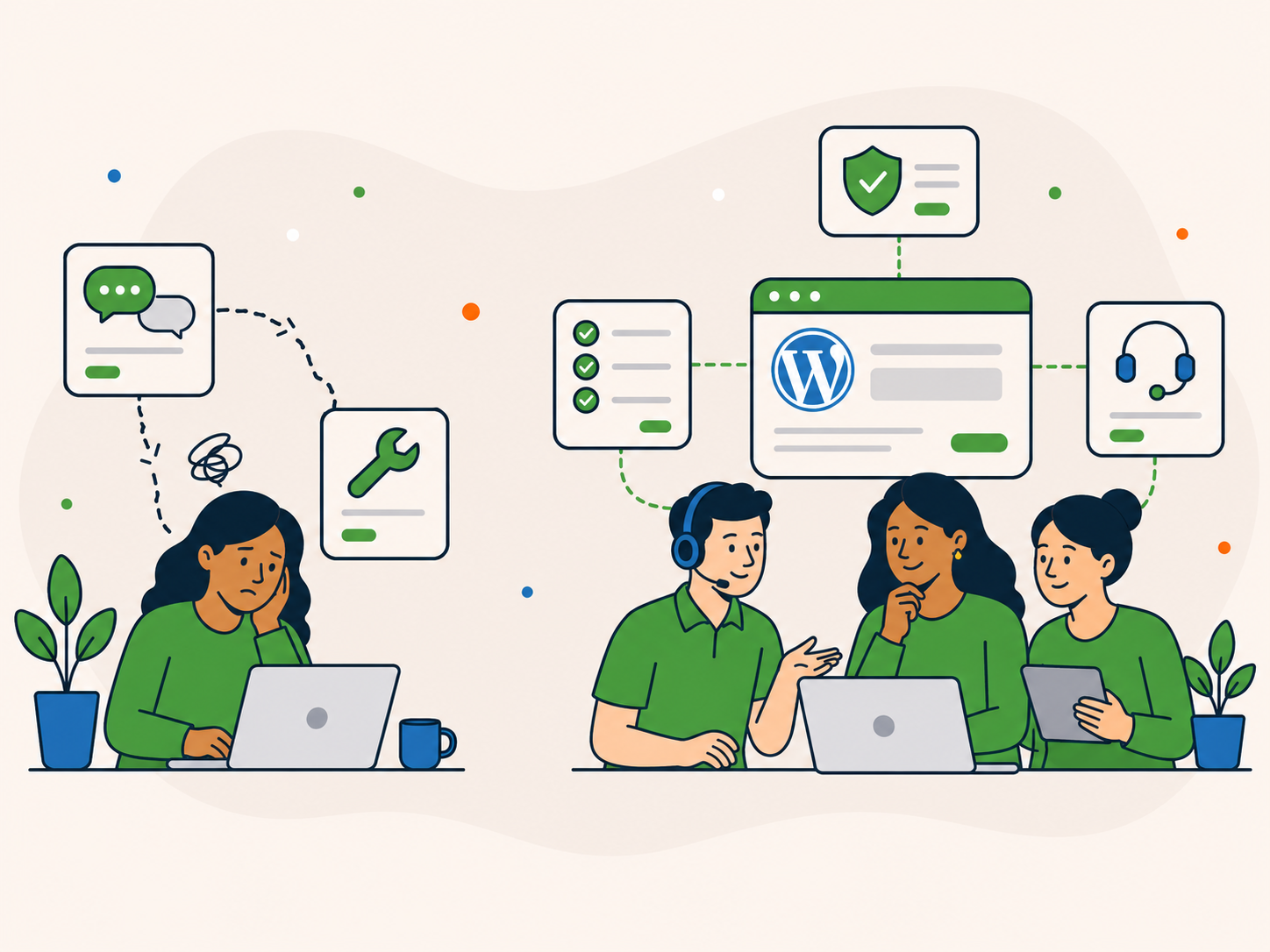 Illustration comparing fragmented website support with one dependable team, showing a stressed website manager dealing with disconnected handoffs on one side and a calm coordinated support team with clearer ownership and continuity on the other.