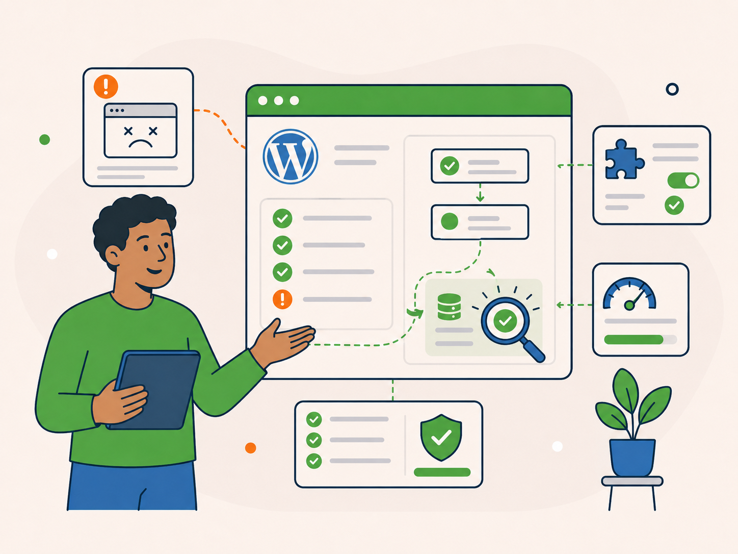 Person reviewing a WordPress site audit on a tablet while a dashboard helps identify the real issue behind a website problem.
