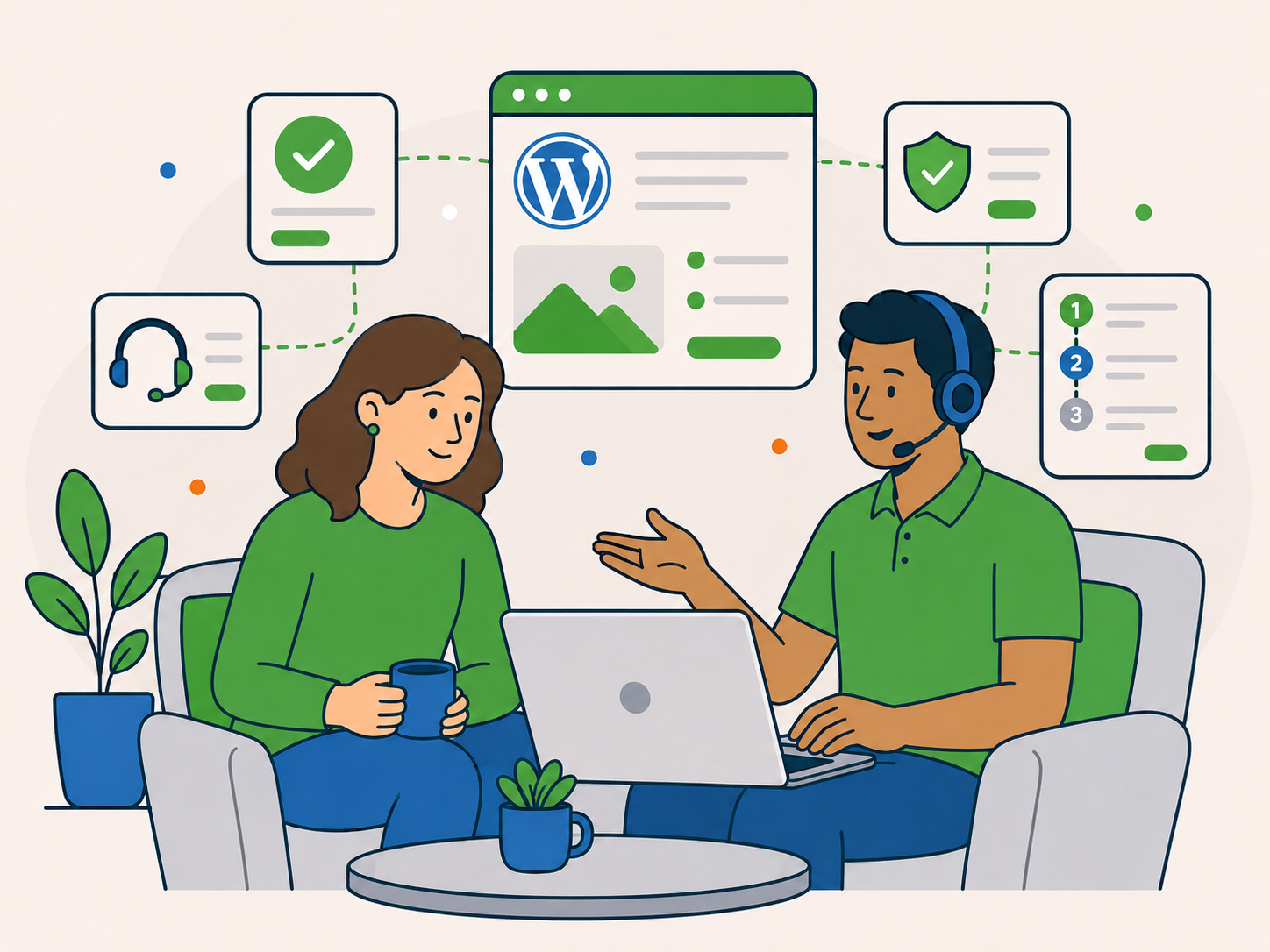 Website owner speaking with a WordPress support specialist while a clear audit summary and next-step options are shown around them.