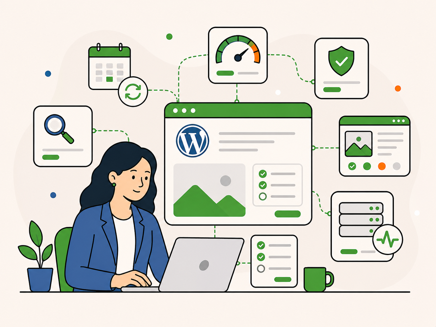 Illustration of a website owner reviewing a WordPress audit dashboard with security, performance, hosting, and health check indicators.