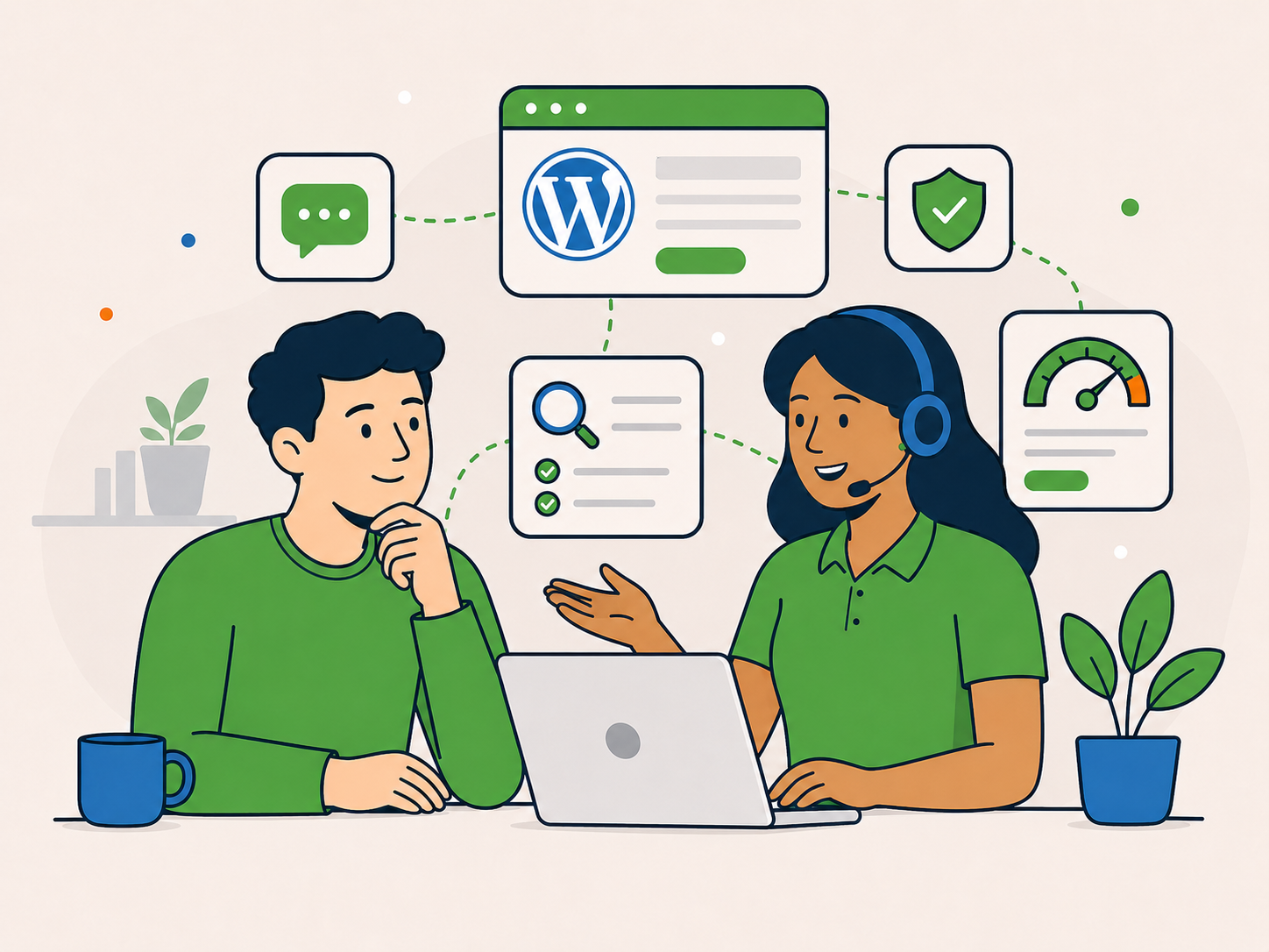 Website owner speaking with a support specialist while a WordPress dashboard and helpful audit icons make the FAQ section feel clear and reassuring.