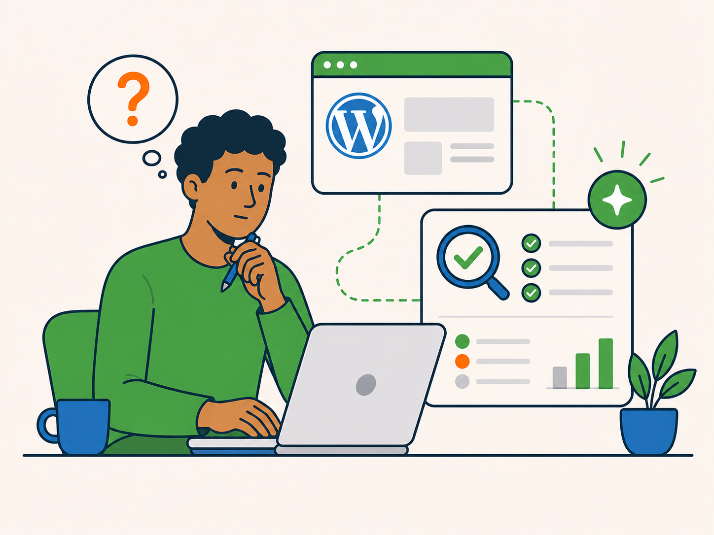 Illustration of a customer unsure what their WordPress site needs, with an audit panel, checklist, and magnifying glass showing a free WordPress review.