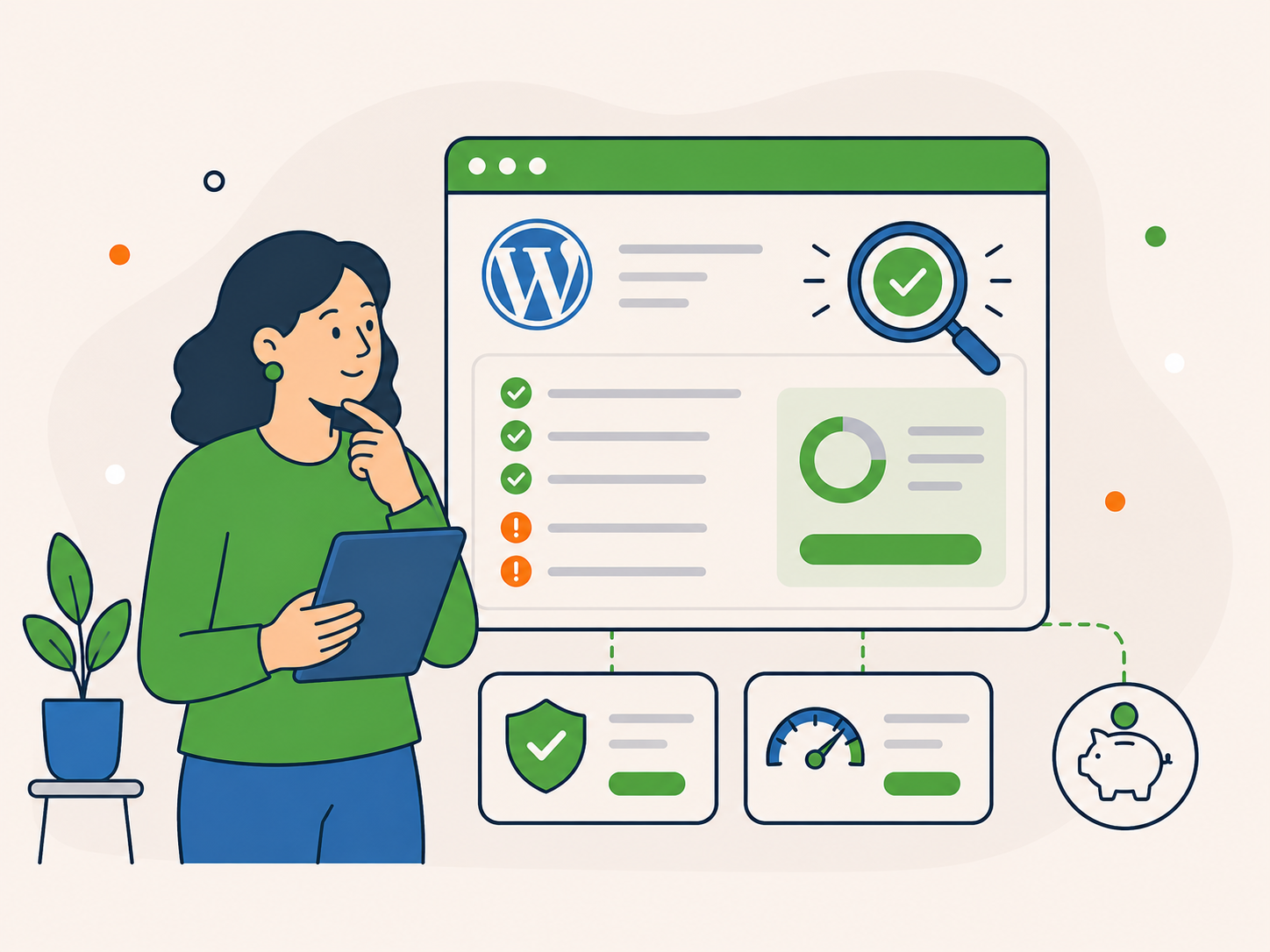 Woman reviewing a WordPress audit on a tablet while a website dashboard shows checks, issues, and key areas to review before making changes.