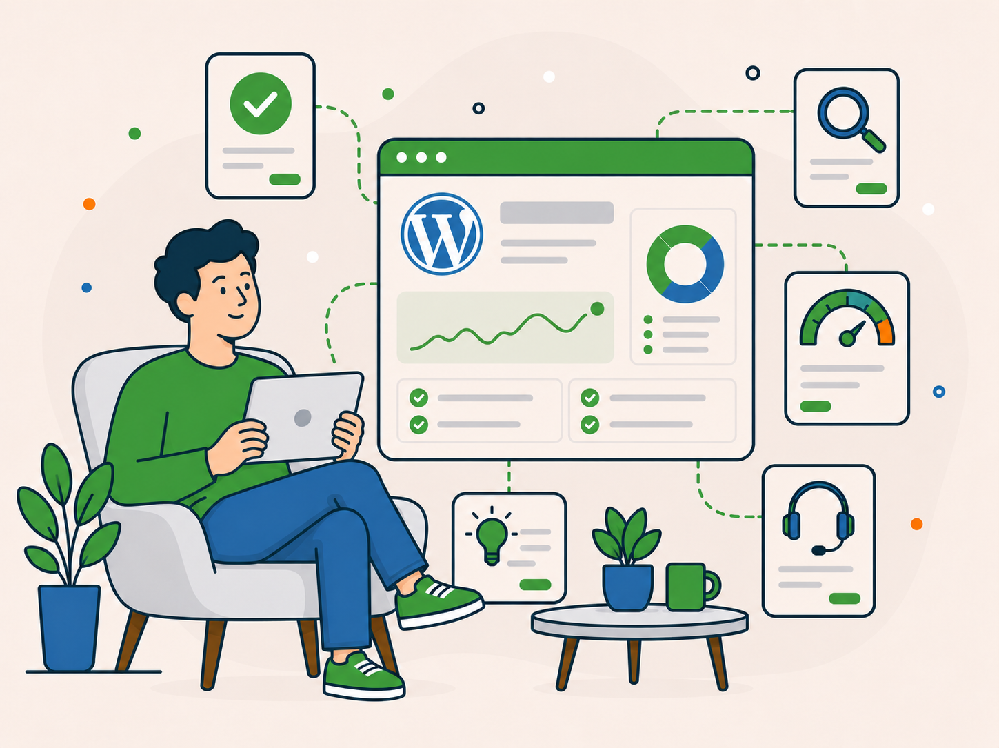 Person reviewing a WordPress website audit on a tablet beside a dashboard showing site checks, performance insights, and support icons.