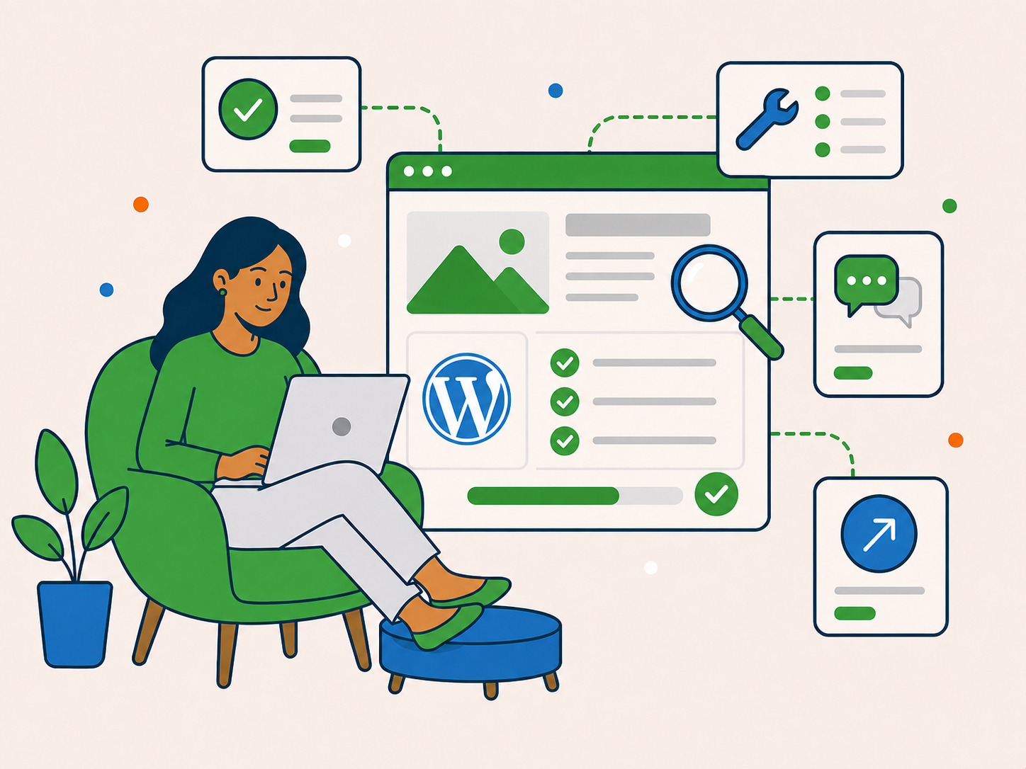 Illustration of a WordPress website review and support process.