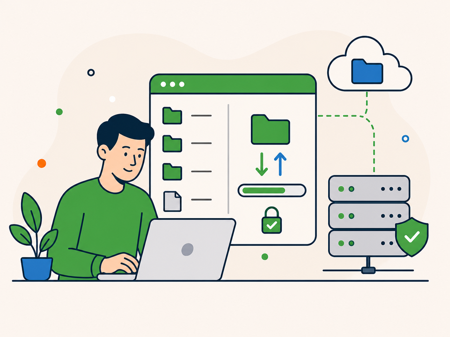 Client securely transferring website files between a computer, cloud storage and web server.