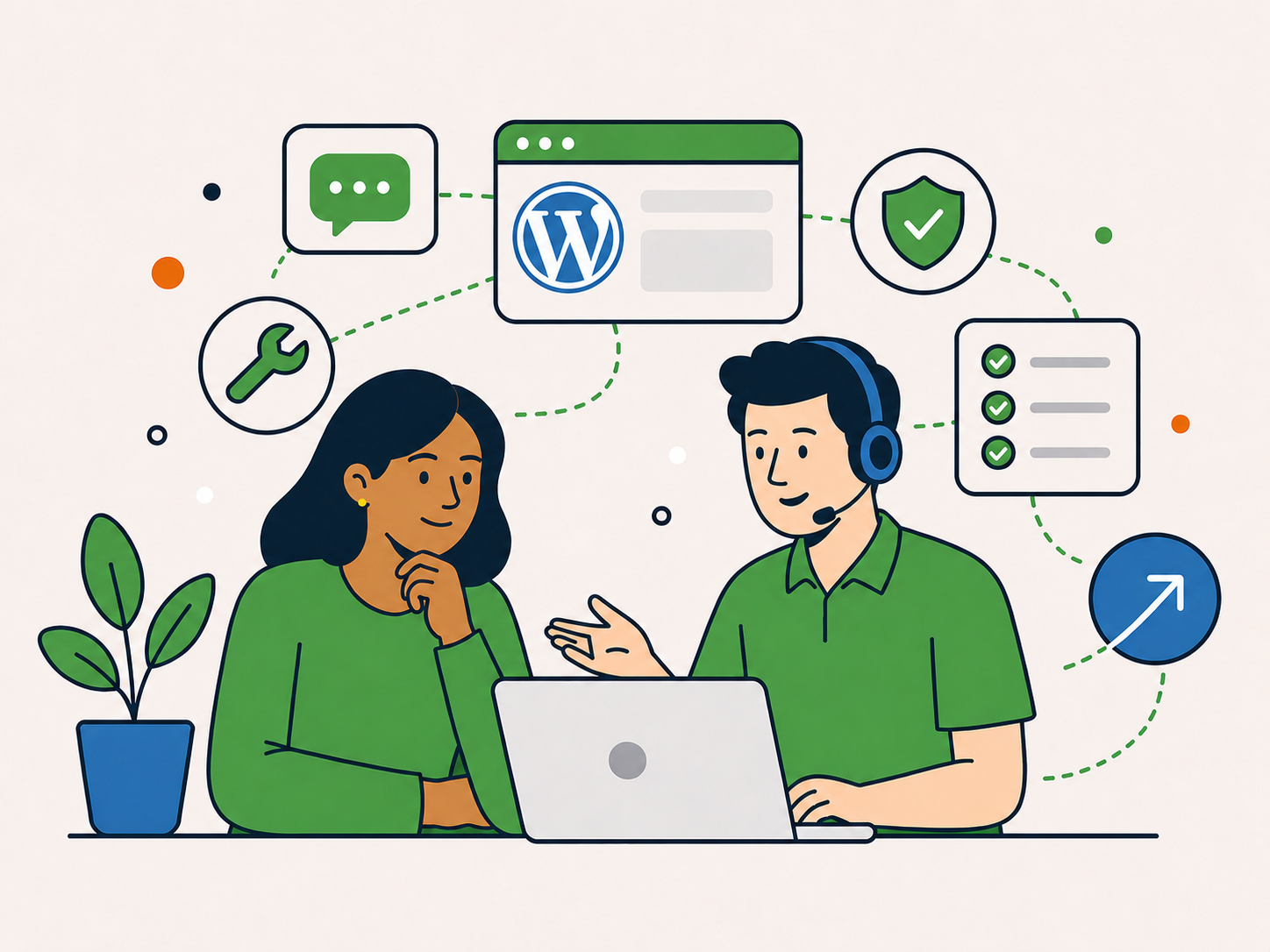 Illustration of a WordPress support professional helping a website owner at a laptop, surrounded by support, repair, security, checklist, and progress icons.