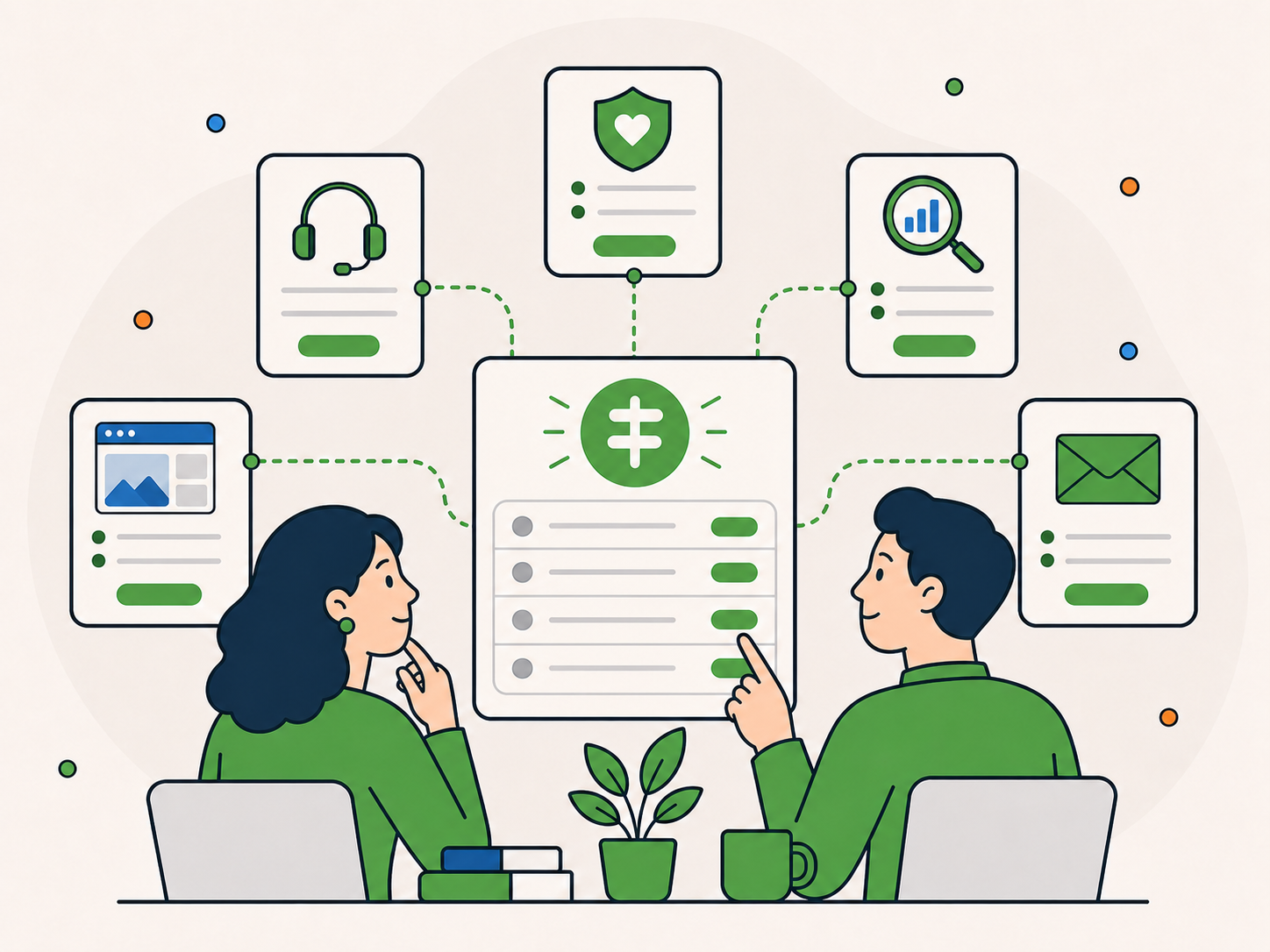 Illustration of two people choosing the best way to get started with Newt Labs, with connected cards for support enquiries, care plans, audits, projects, and contact.