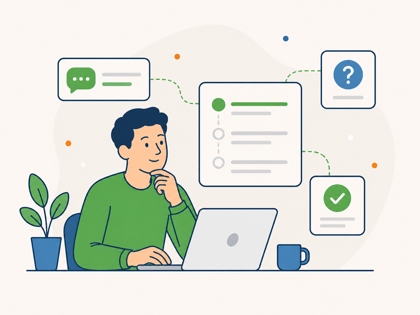Illustration of a website owner reviewing route options and common questions before choosing the best way to get website help.