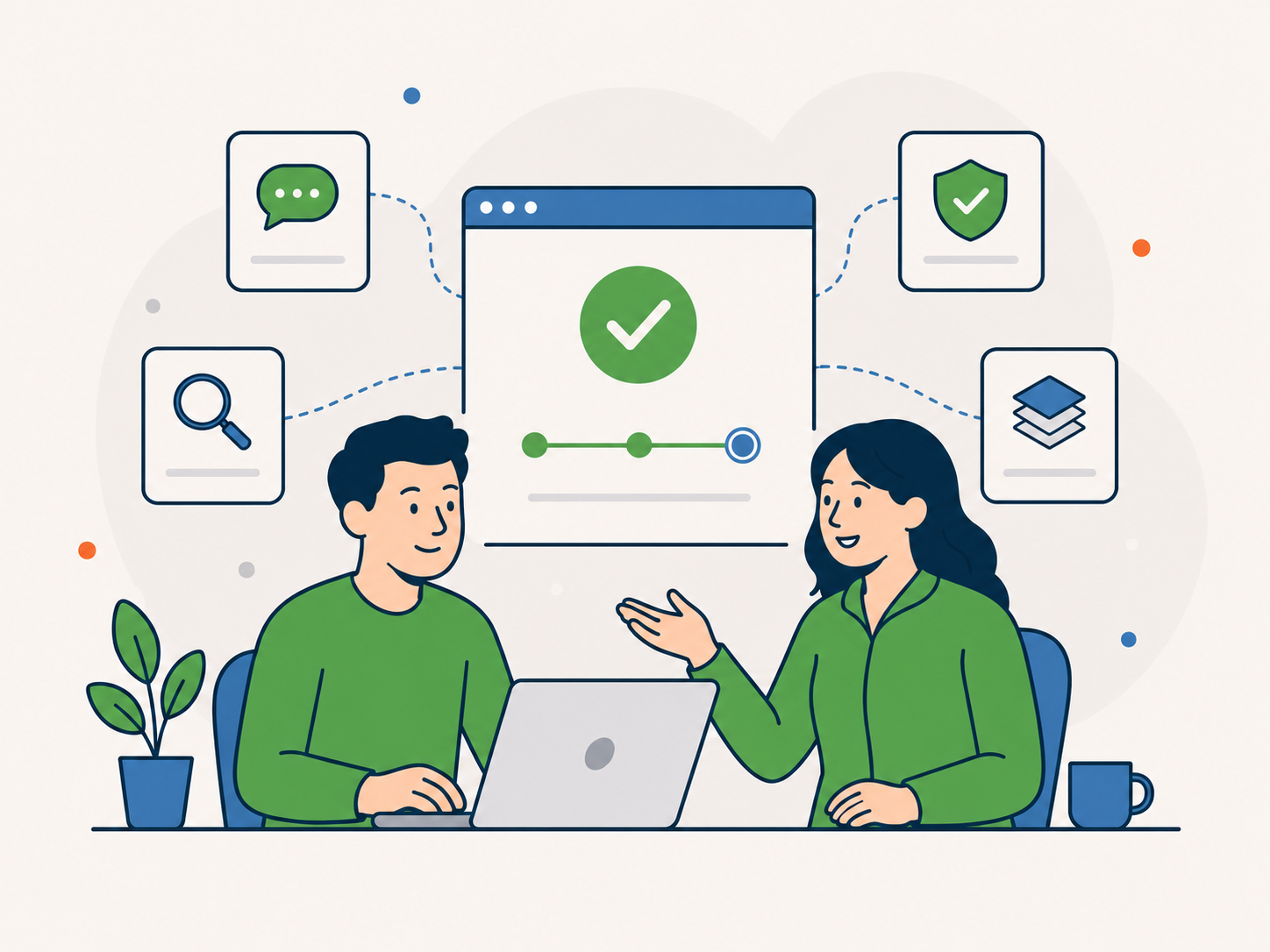 Illustration of a friendly consultation showing a clear next step for website support, with chat, audit, care, and project icons around a completed progress dashboard.