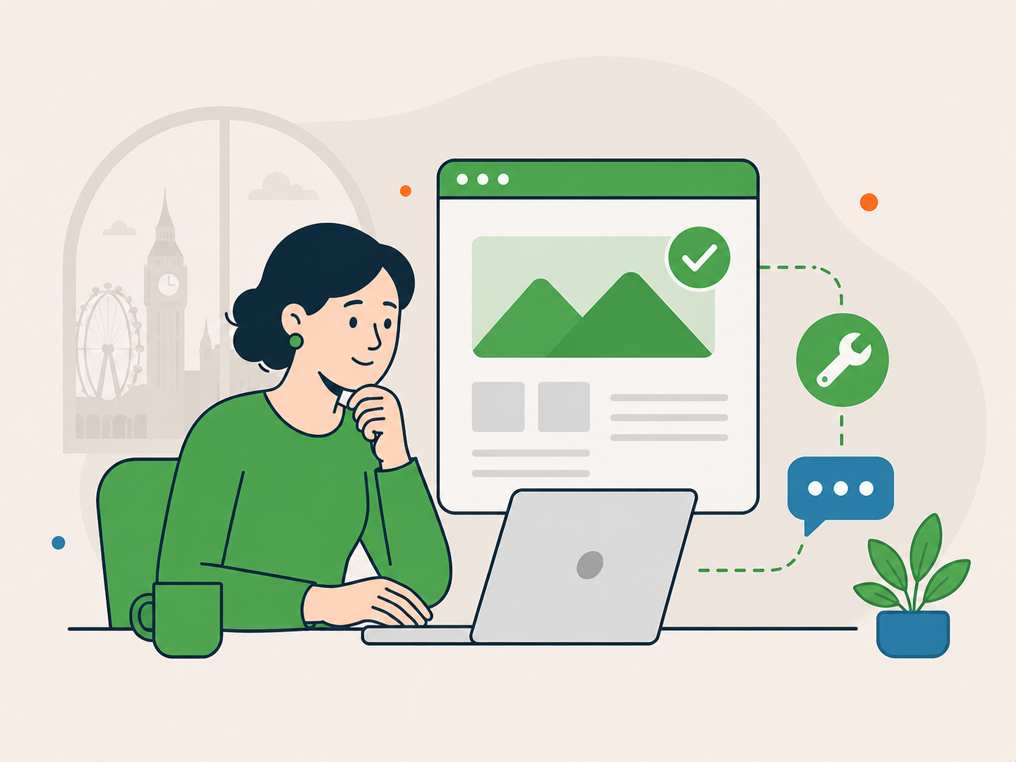 Illustration of a calm London website owner using a laptop beside a resolved website panel with support and maintenance icons.