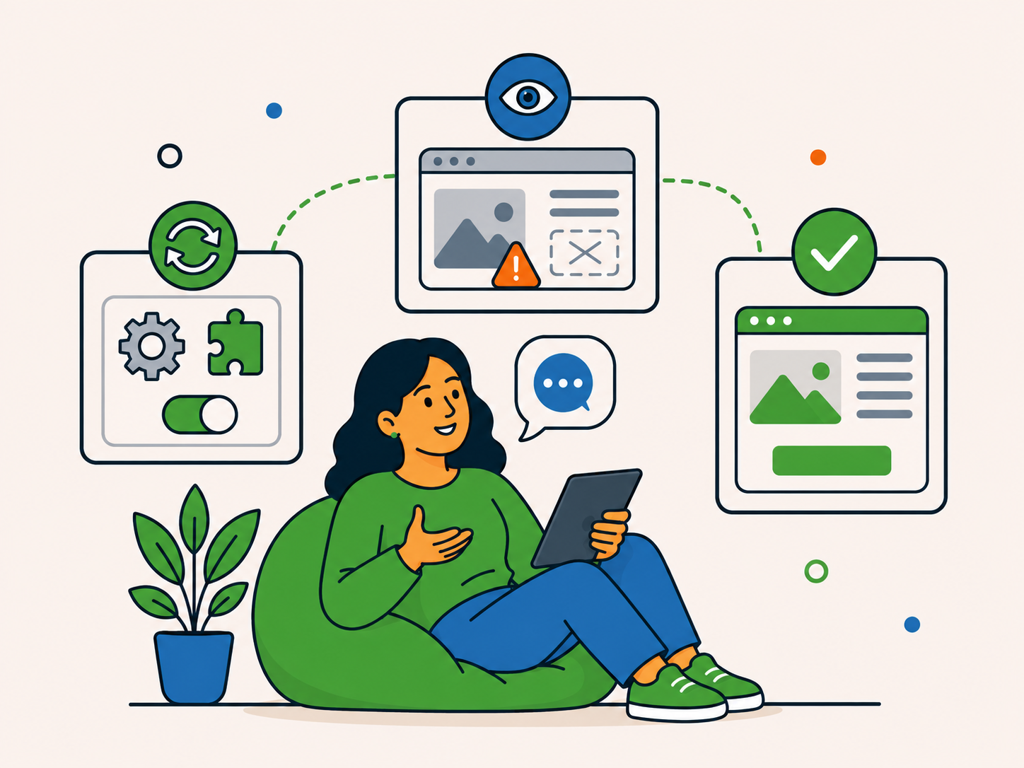 Illustration of a woman using a tablet while simple support panels around her show a website issue, recent changes, and a successful outcome.