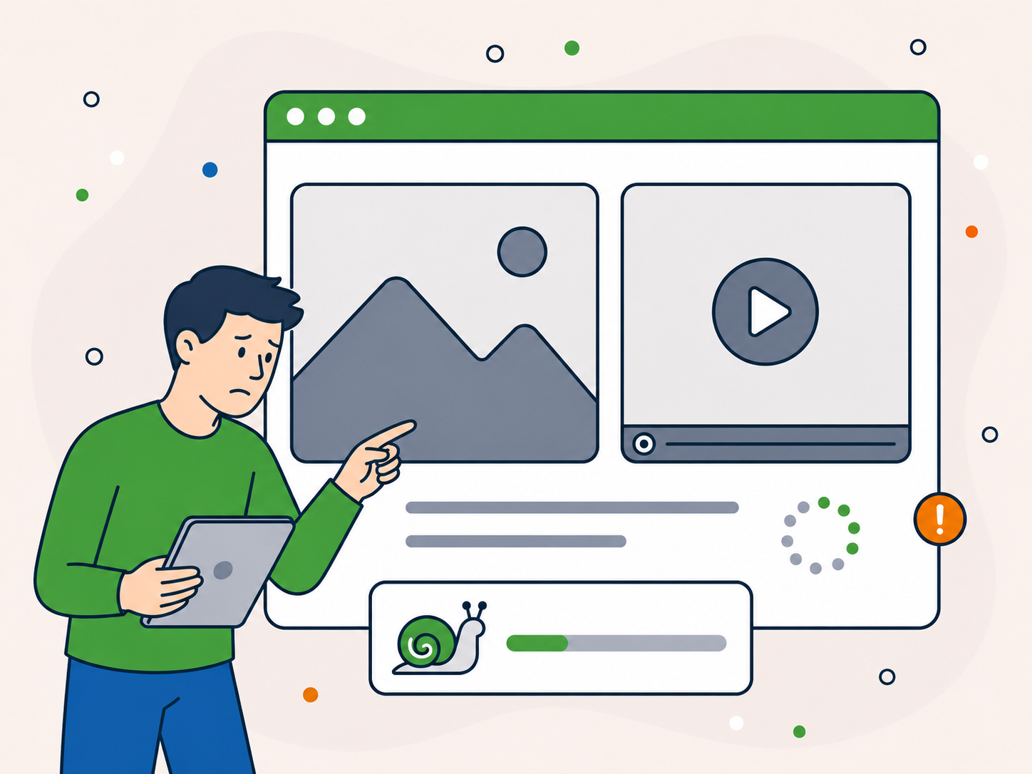 Website owner reviewing a slow WordPress page with large images, video, and oversized media.