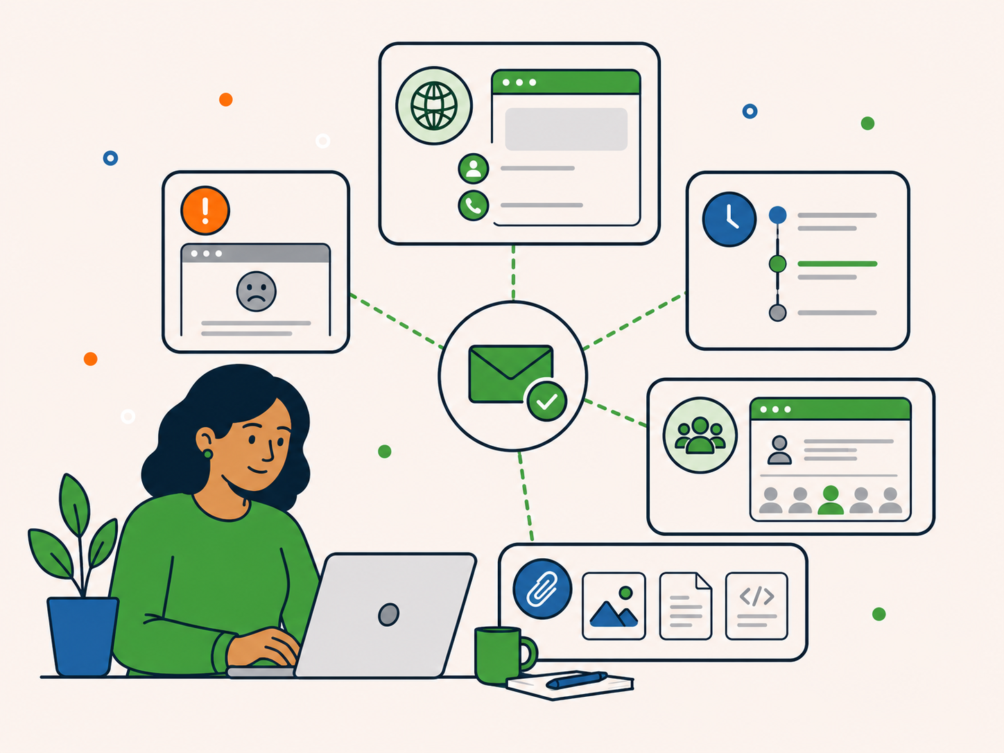 Confused website owner using a laptop while website repair, security, speed, migration, content change, and checklist icons appear around them, showing a one-time support enquiry when they are not sure which service fits.