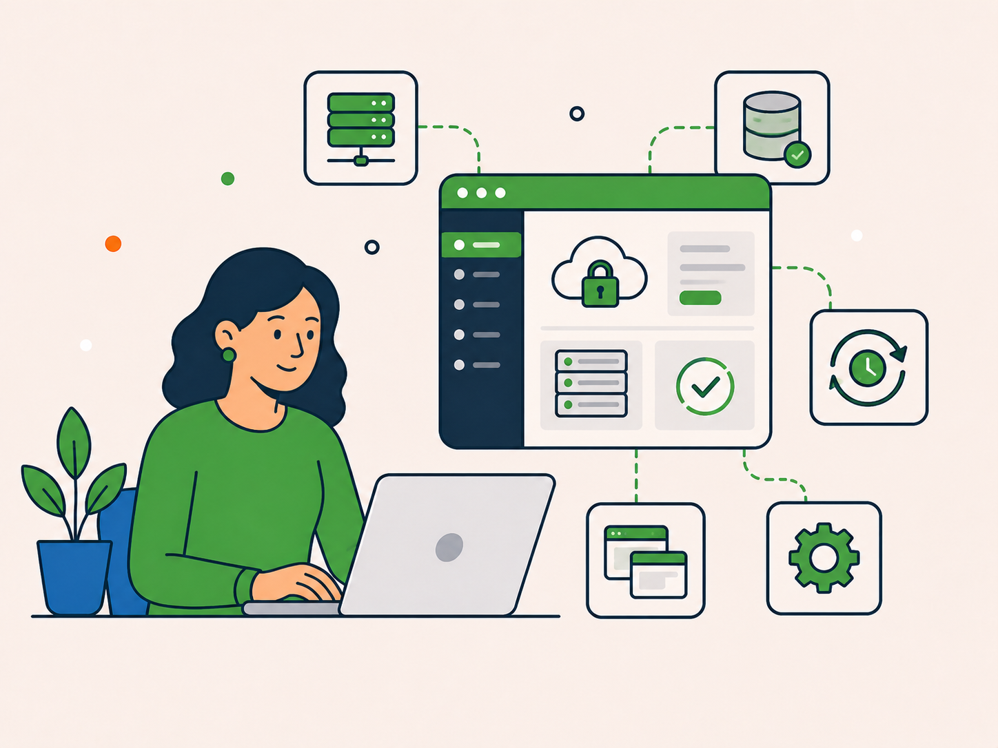 Client using a secure hosting dashboard for website files, databases, backups and server settings.