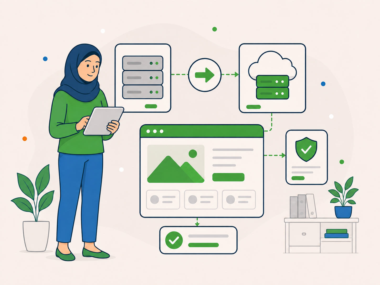 Illustration of a woman holding a tablet beside hosting and migration panels showing server-to-cloud transfer, website setup, and successful completion.