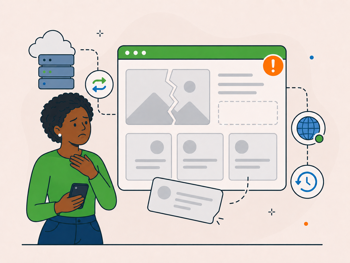 Illustration of a concerned website owner holding a phone beside a broken website screen, with server, sync, globe, and restore icons showing problems after hosting or migration changes.