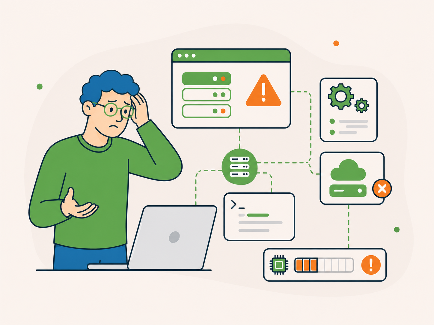 Illustration of a concerned website owner with a laptop and connected hosting, server, PHP, memory, and configuration warning panels.