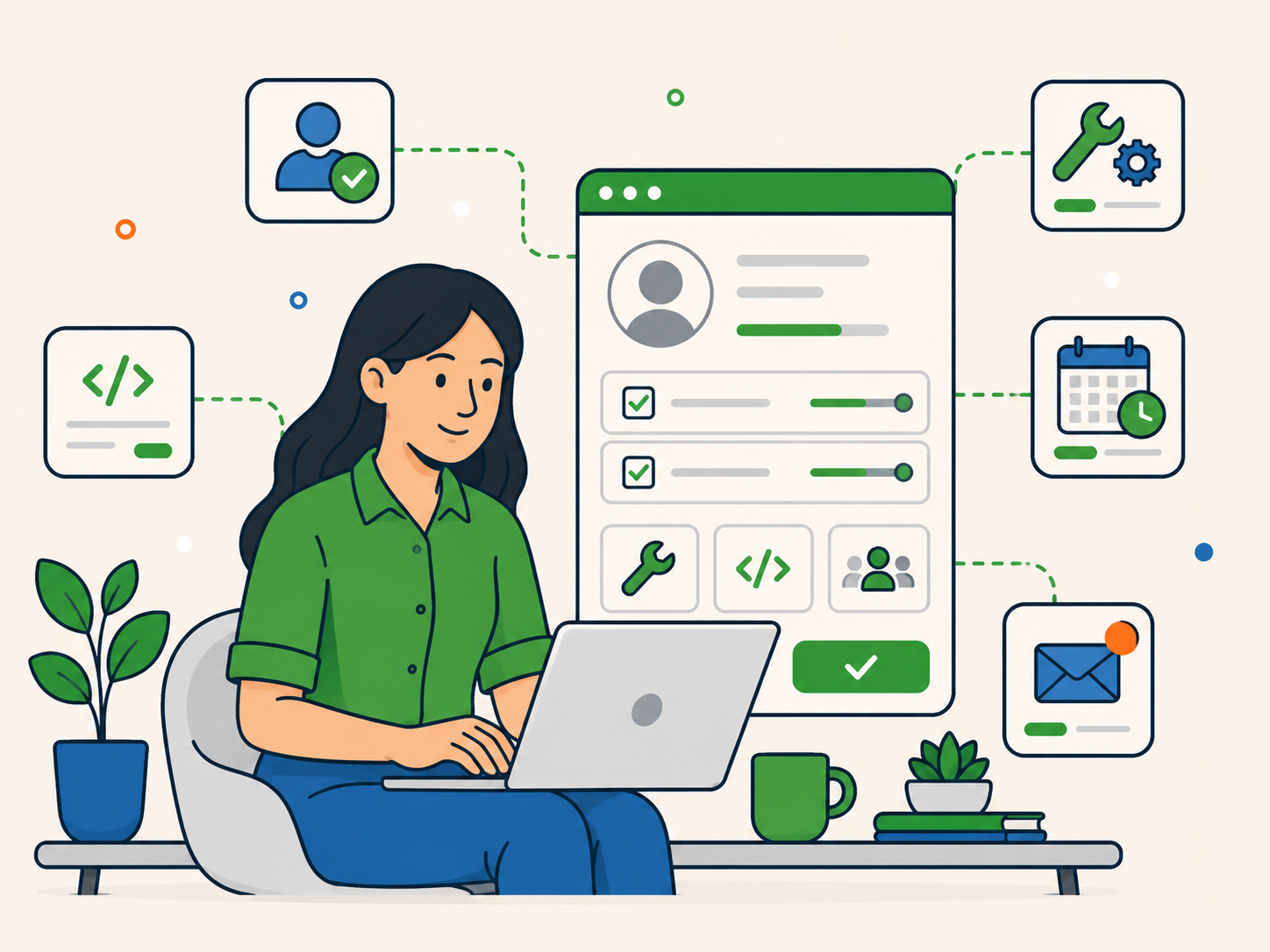 Individual applicant completing an online application, with icons representing technical skills, experience, availability, and communication.