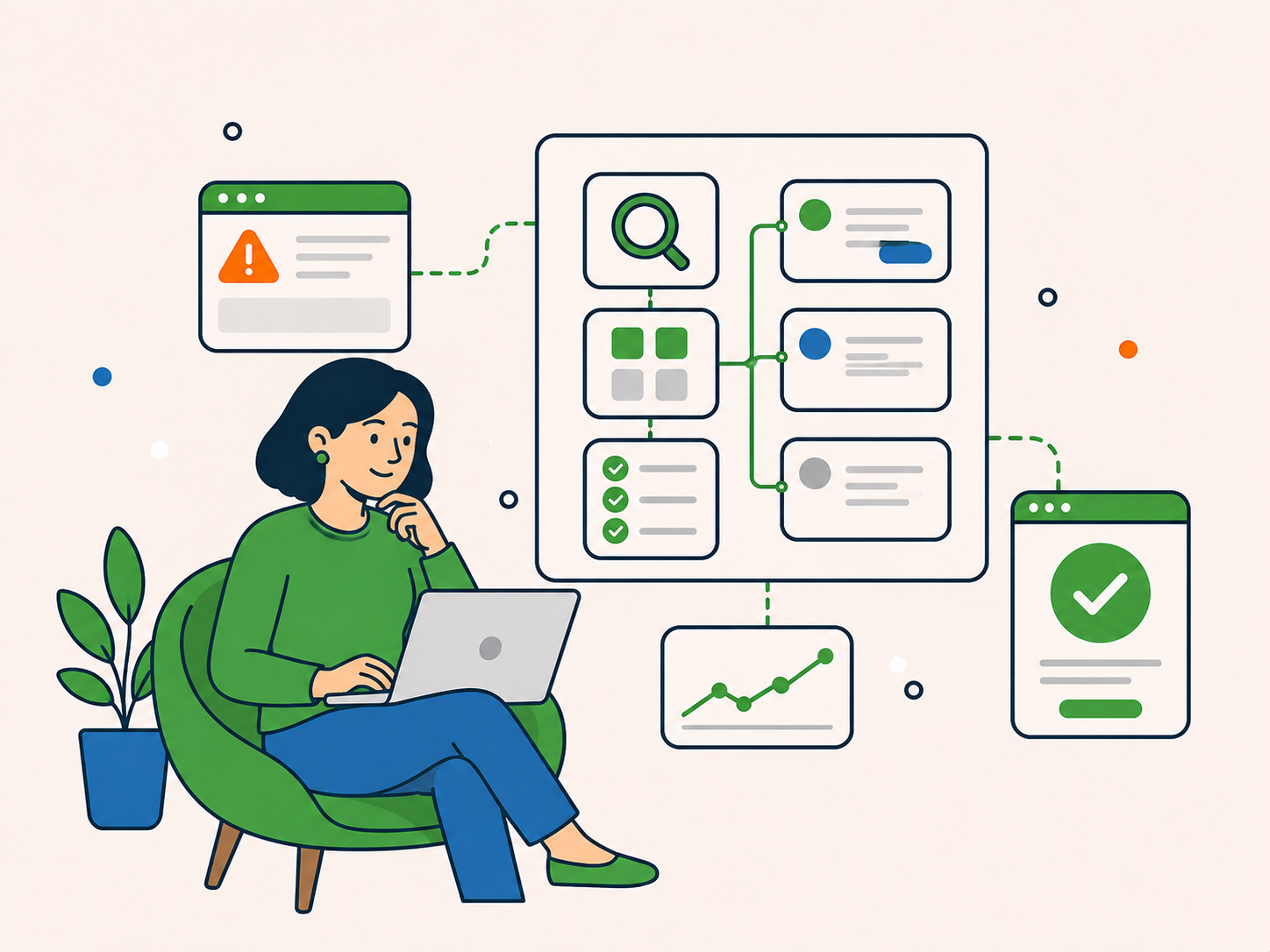 Calm support professional working through a website issue with a structured troubleshooting flow, analysis cards, and a successful outcome.