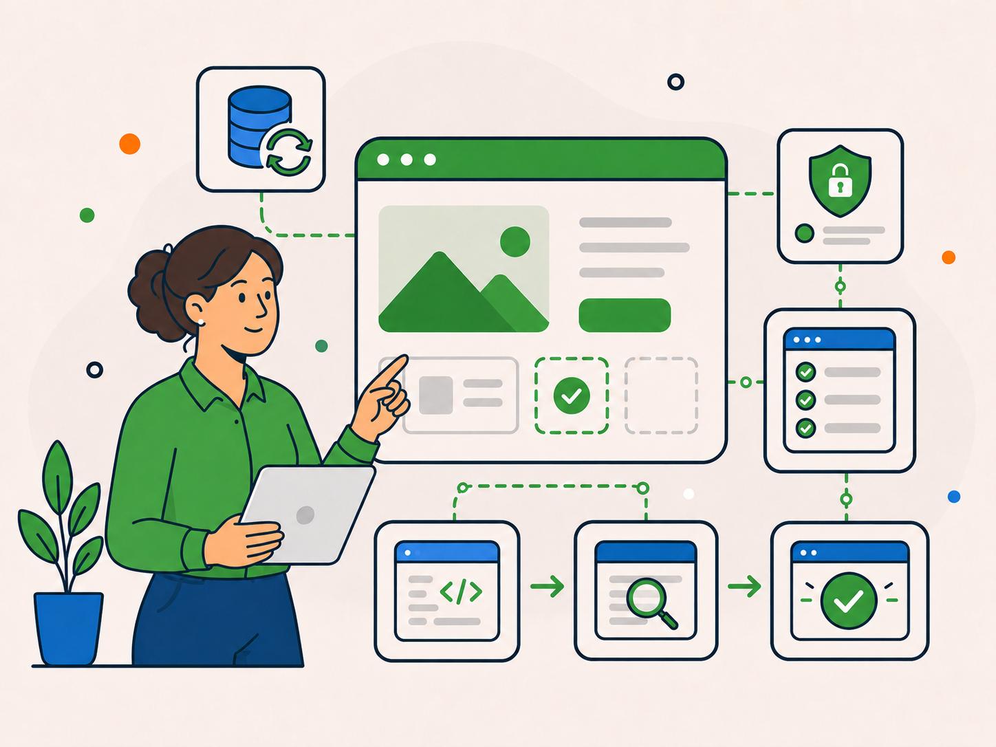 Support professional carefully managing a client website with backup, security, testing, review, and approval steps shown in connected panels.