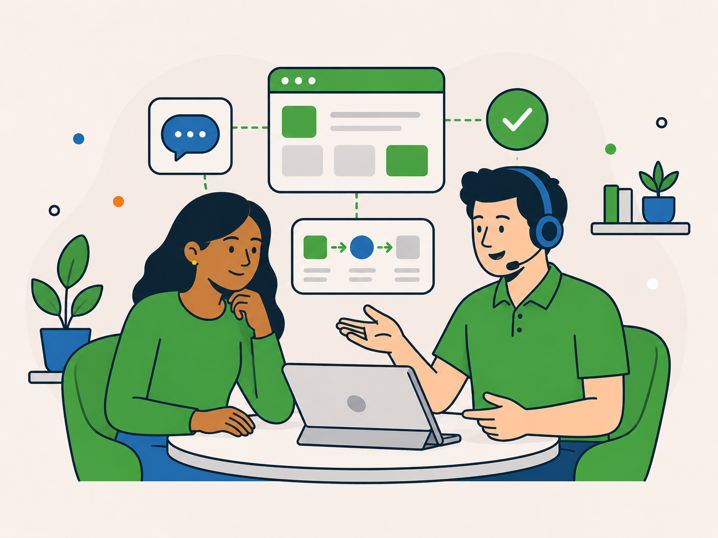 Support team member clearly explaining a website workflow to a client using simple visual steps on a shared screen.