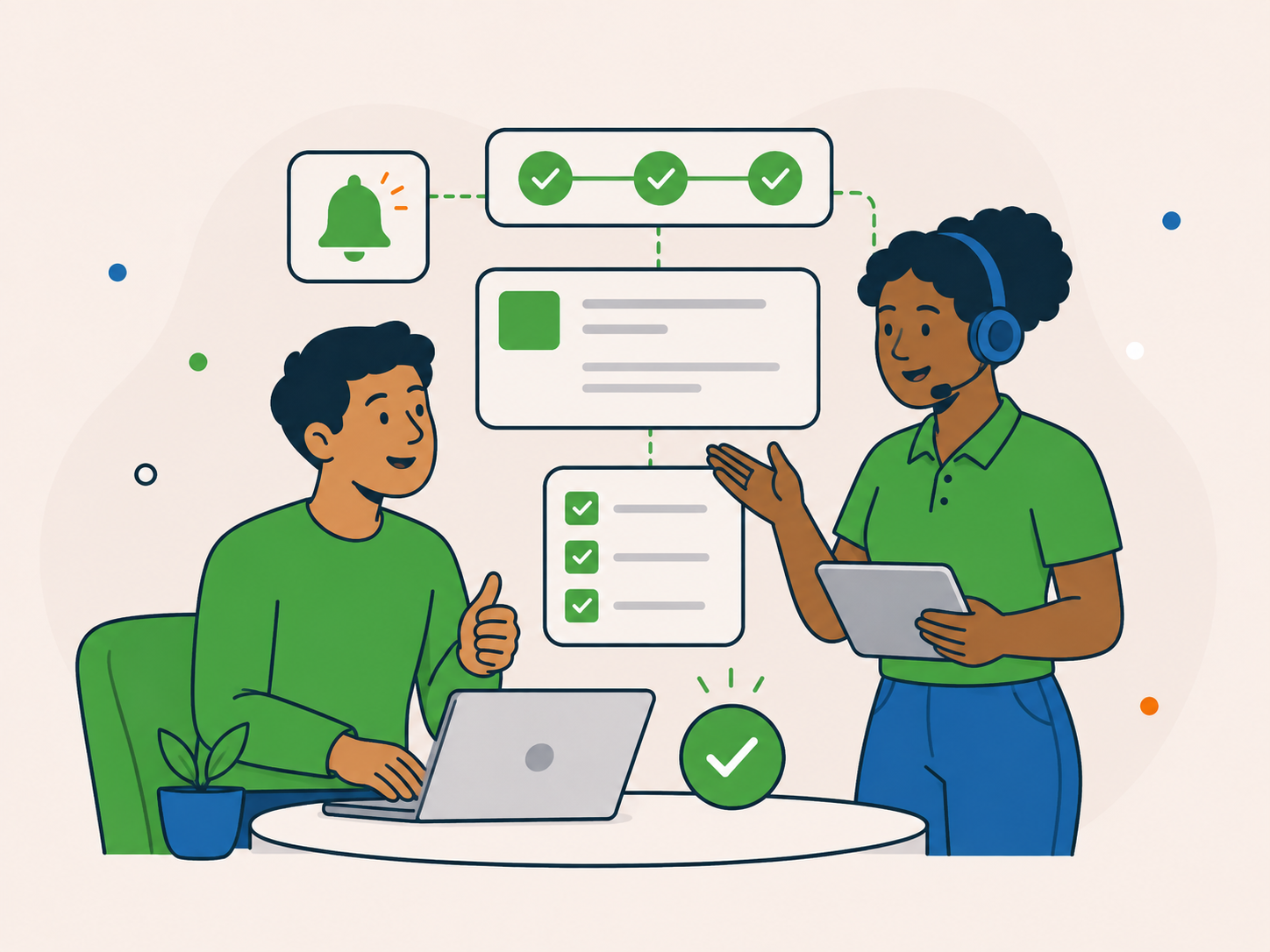Support specialist giving a client a clear progress update with completed checklist items, status cards, and confirmed next steps.