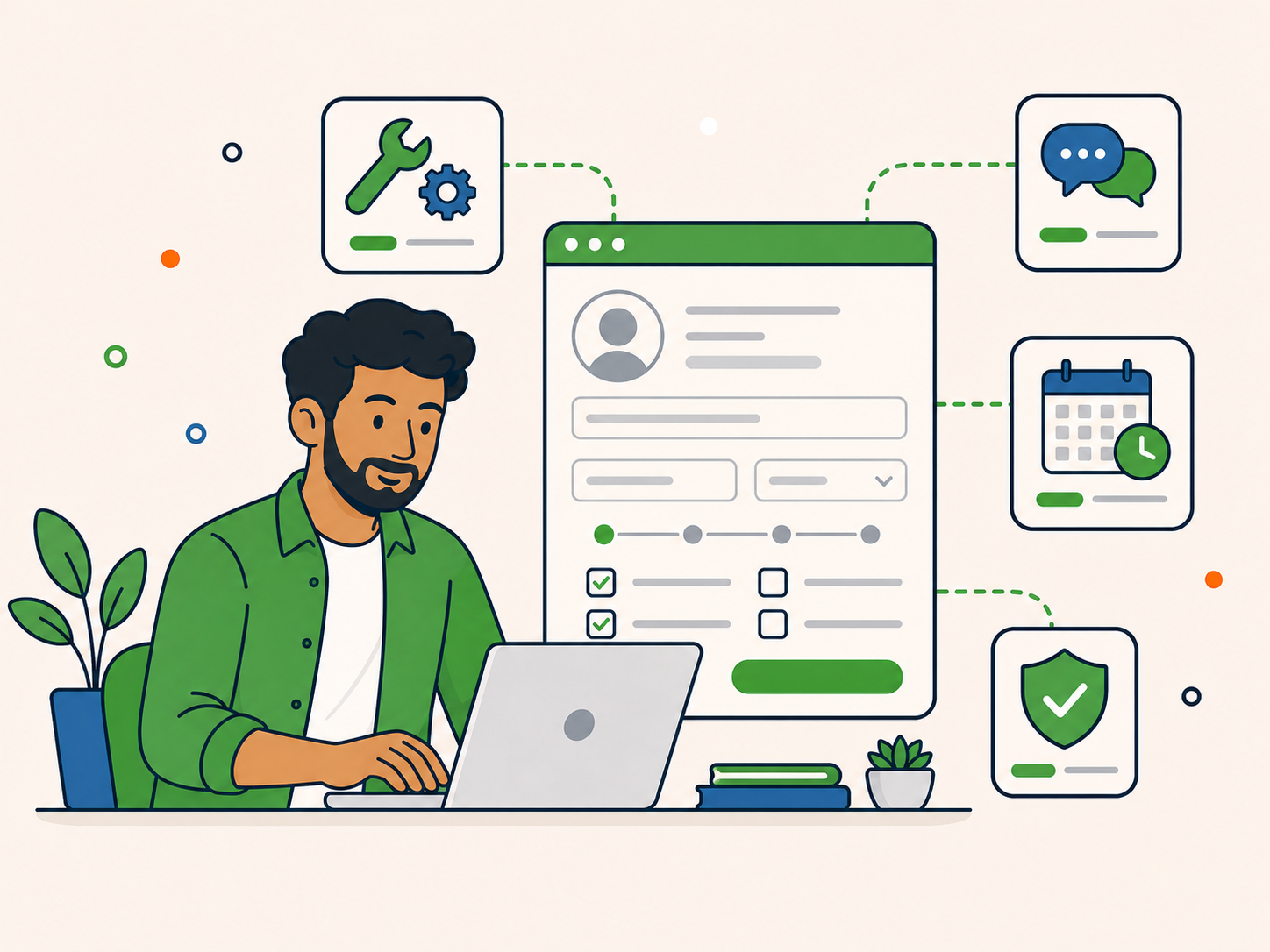 Illustration of a job applicant completing an online application on a laptop, with a large application form and supporting icons for skills, communication, availability, and trust.