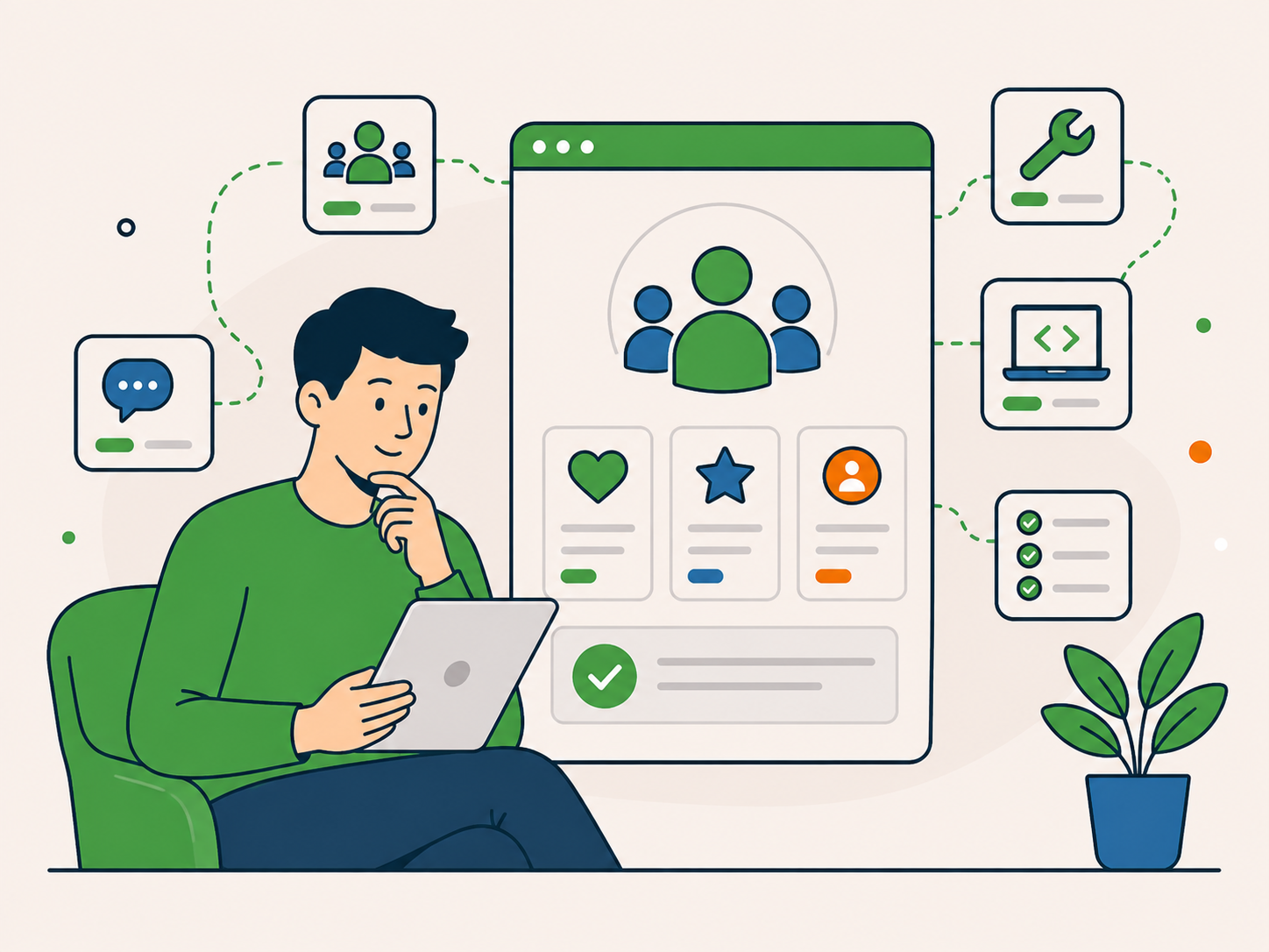 Person reviewing information about team fit, with icons representing people, communication, technical skills, and working style.