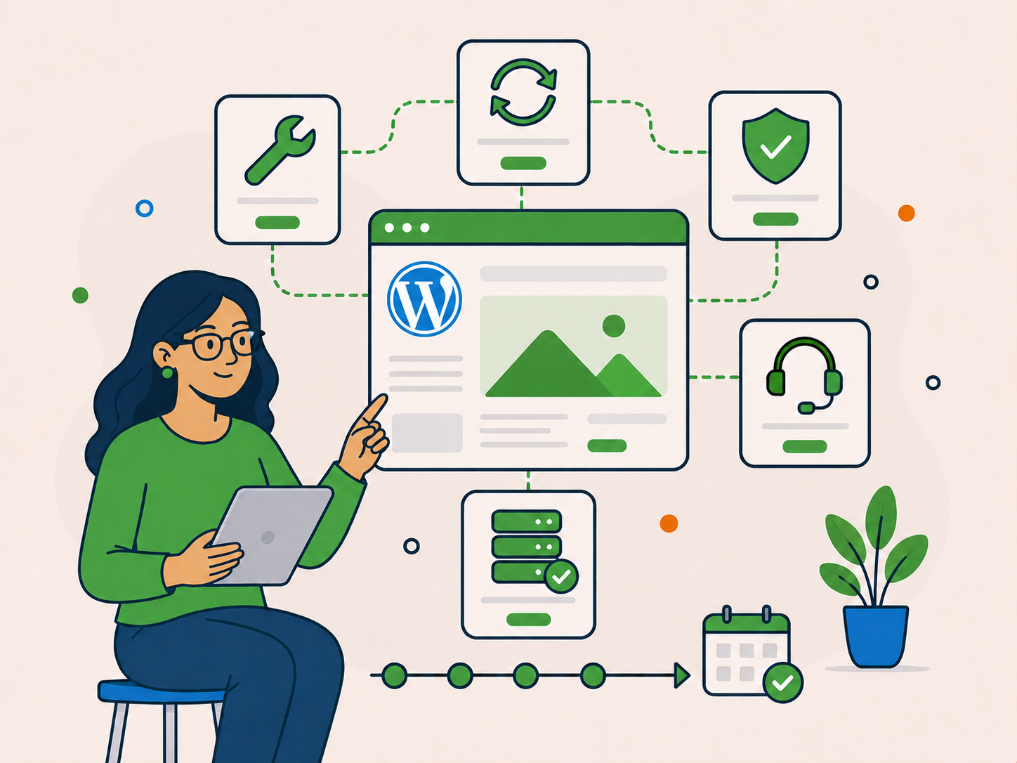 Website manager overseeing a joined-up WordPress support setup connecting maintenance, security, hosting, support and ongoing planning.