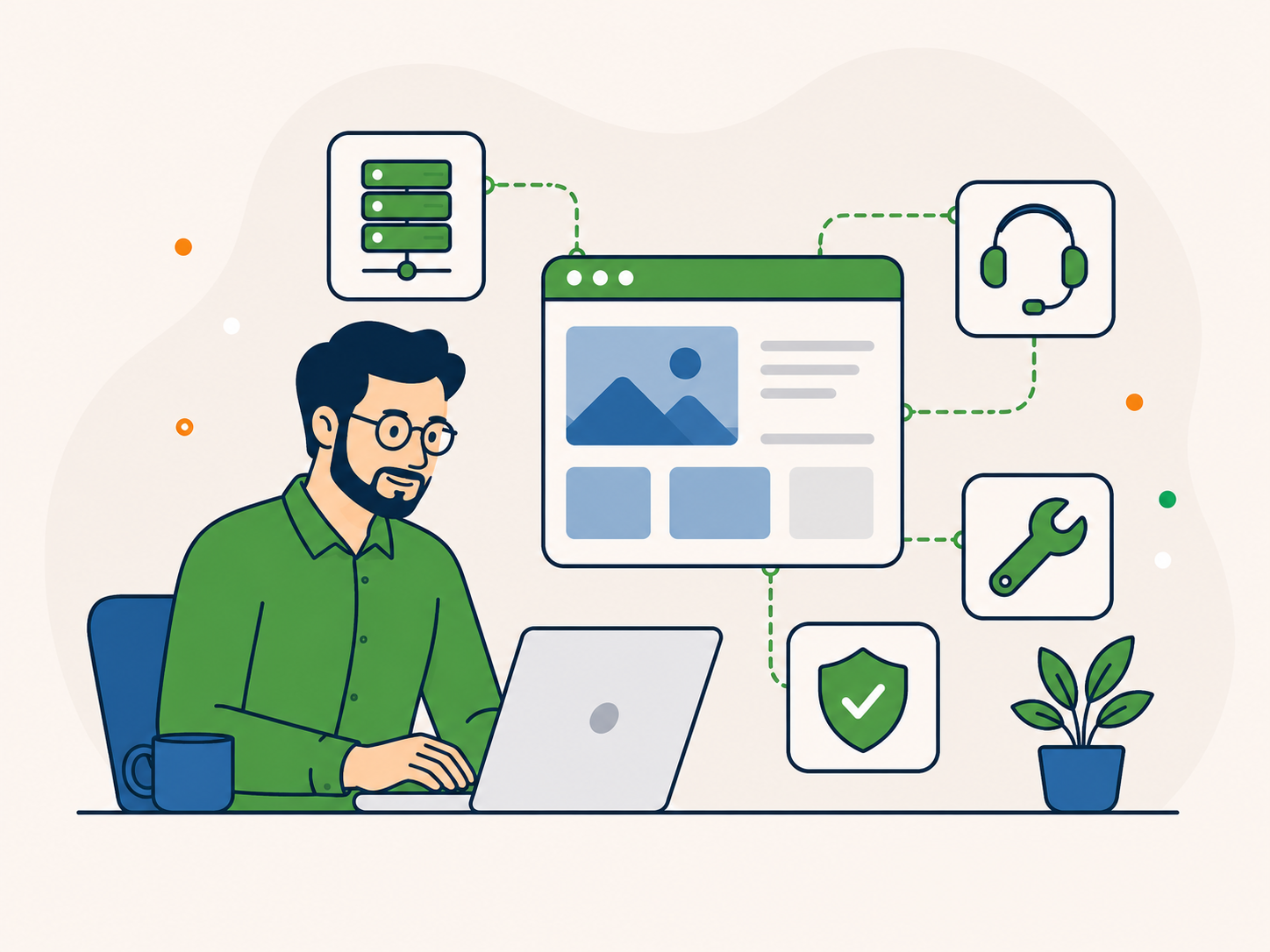 Illustration of a website owner managing WordPress support, care, hosting, security, and maintenance through one connected setup.
