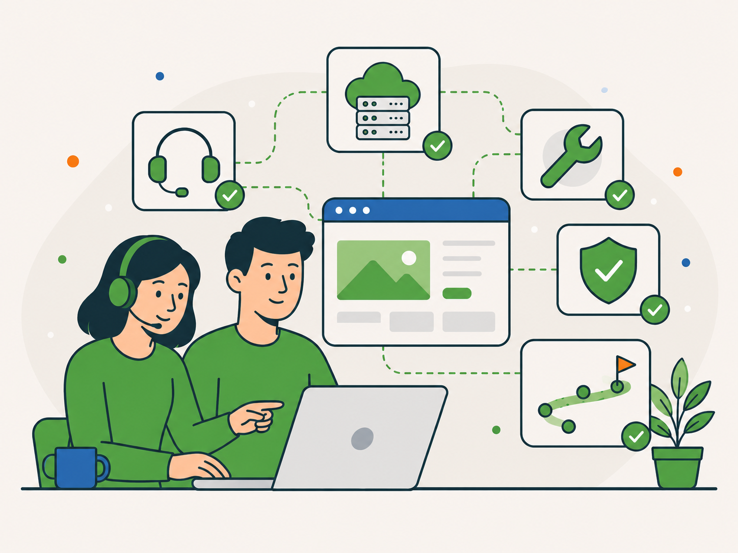 Illustration of a support team managing hosting, maintenance, security, and website support together through one connected WordPress care setup.