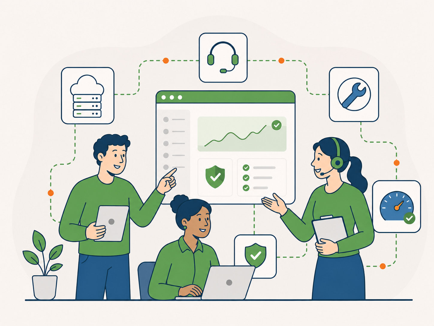 Illustration of one team managing WordPress support, maintenance, hosting, security, and performance together through a connected dashboard.