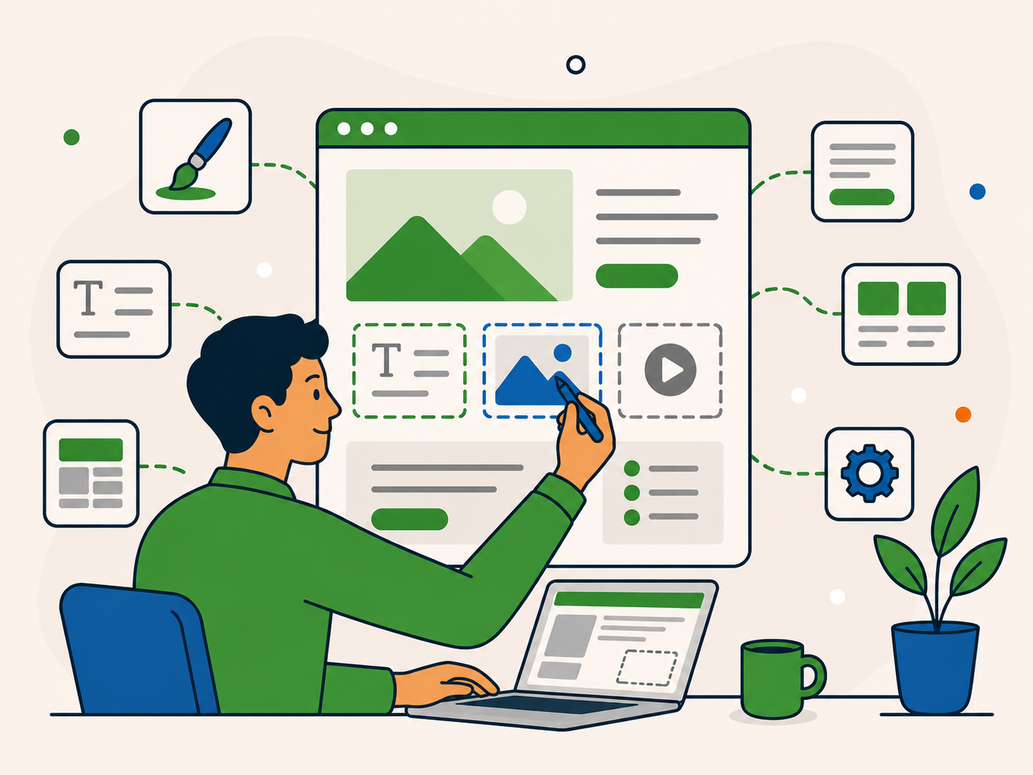 Person making larger updates across a WordPress website by editing multiple layouts, content sections and page components.