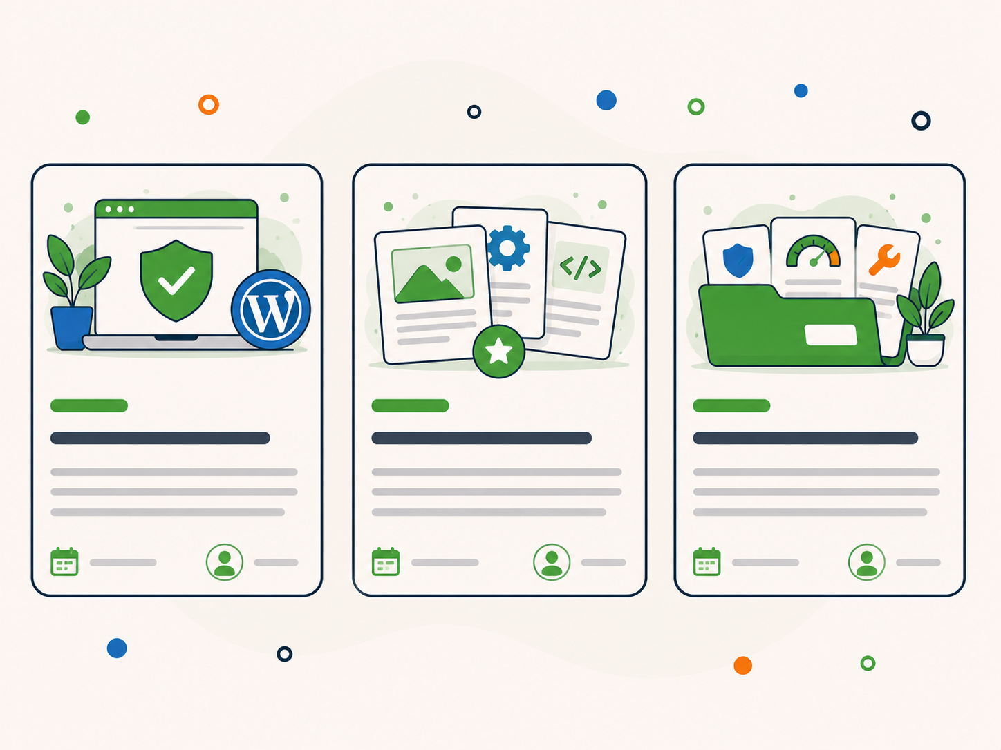 Recent WordPress article cards covering security, development, performance and support