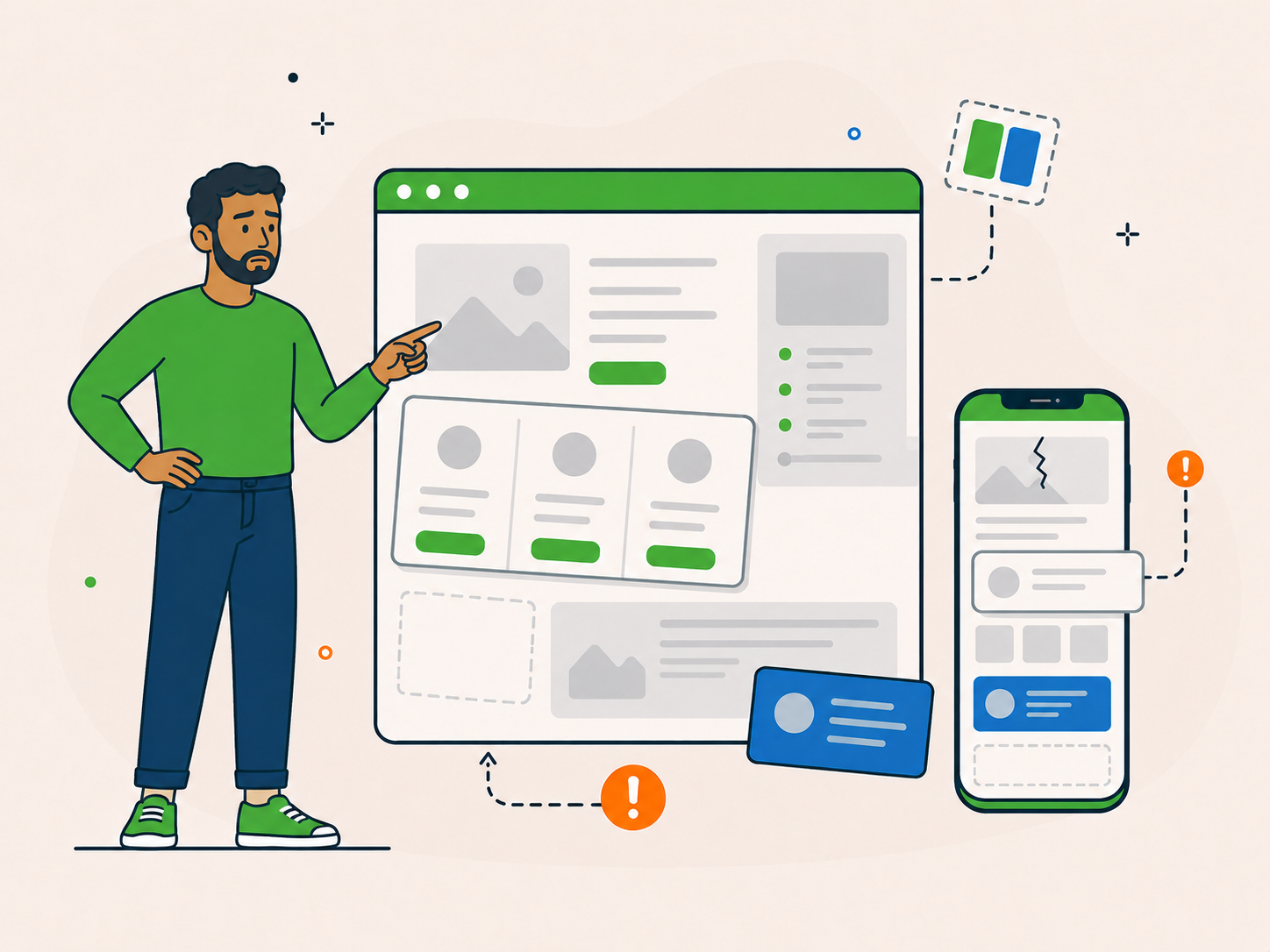 Illustration of a concerned website owner looking at a desktop page and mobile screen with shifted content blocks, broken image areas, and layout warning icons.