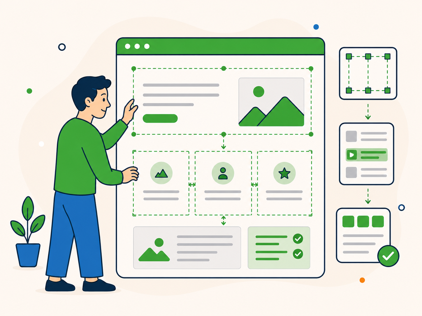 Illustration of a person refining a website layout in a WordPress-style editor, adjusting sections, spacing, and content blocks to improve page structure and usability.