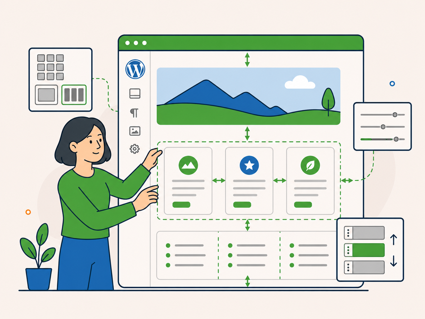 Illustration of a person refining a website layout in a WordPress-style editor, adjusting spacing, structure, and content sections to improve page usability.