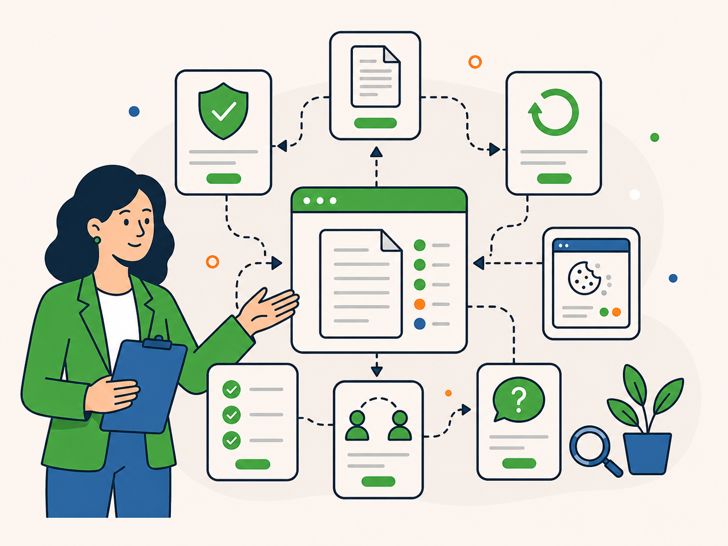 Illustration of a professional guiding users through connected legal, policy, privacy, refund, cookie, and service clarity pages.