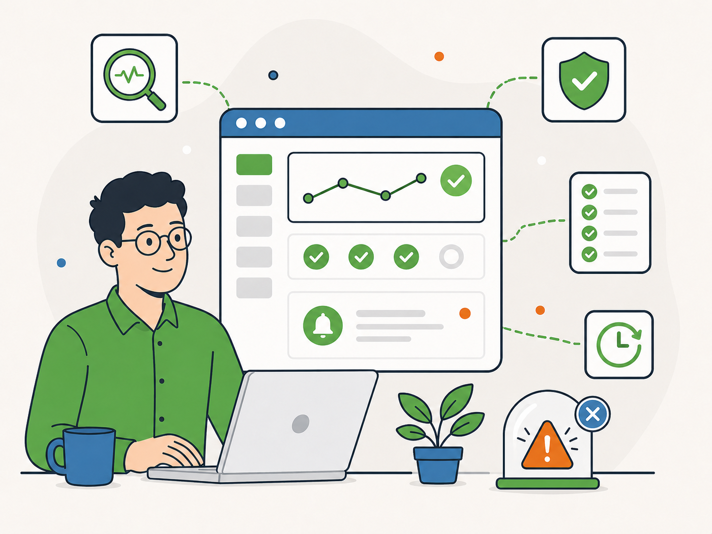 Illustration of a website owner monitoring a WordPress dashboard with alerts, checks, and support icons to help spot issues earlier.
